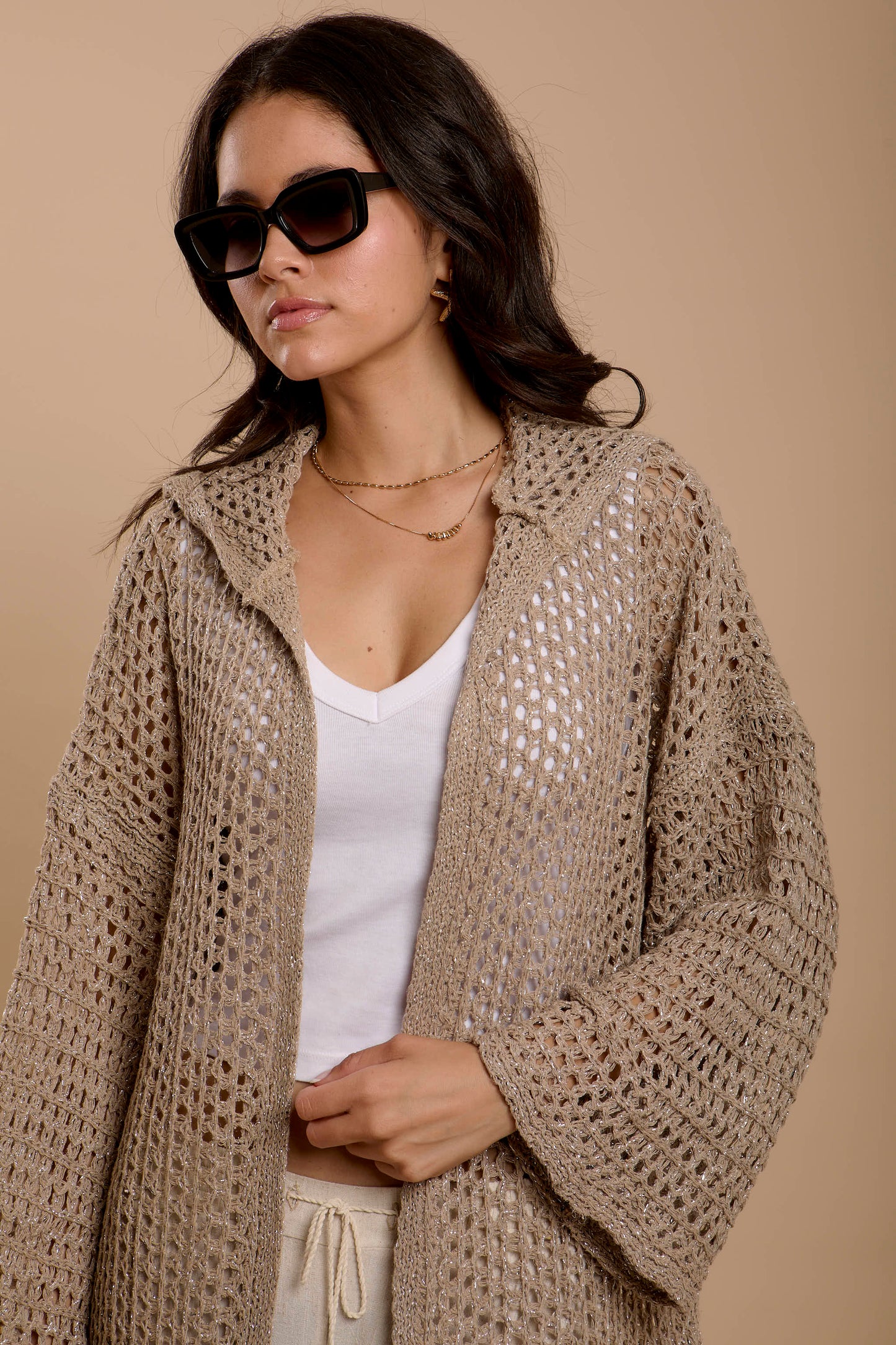 Metallic threads Crochet Jacket Beige