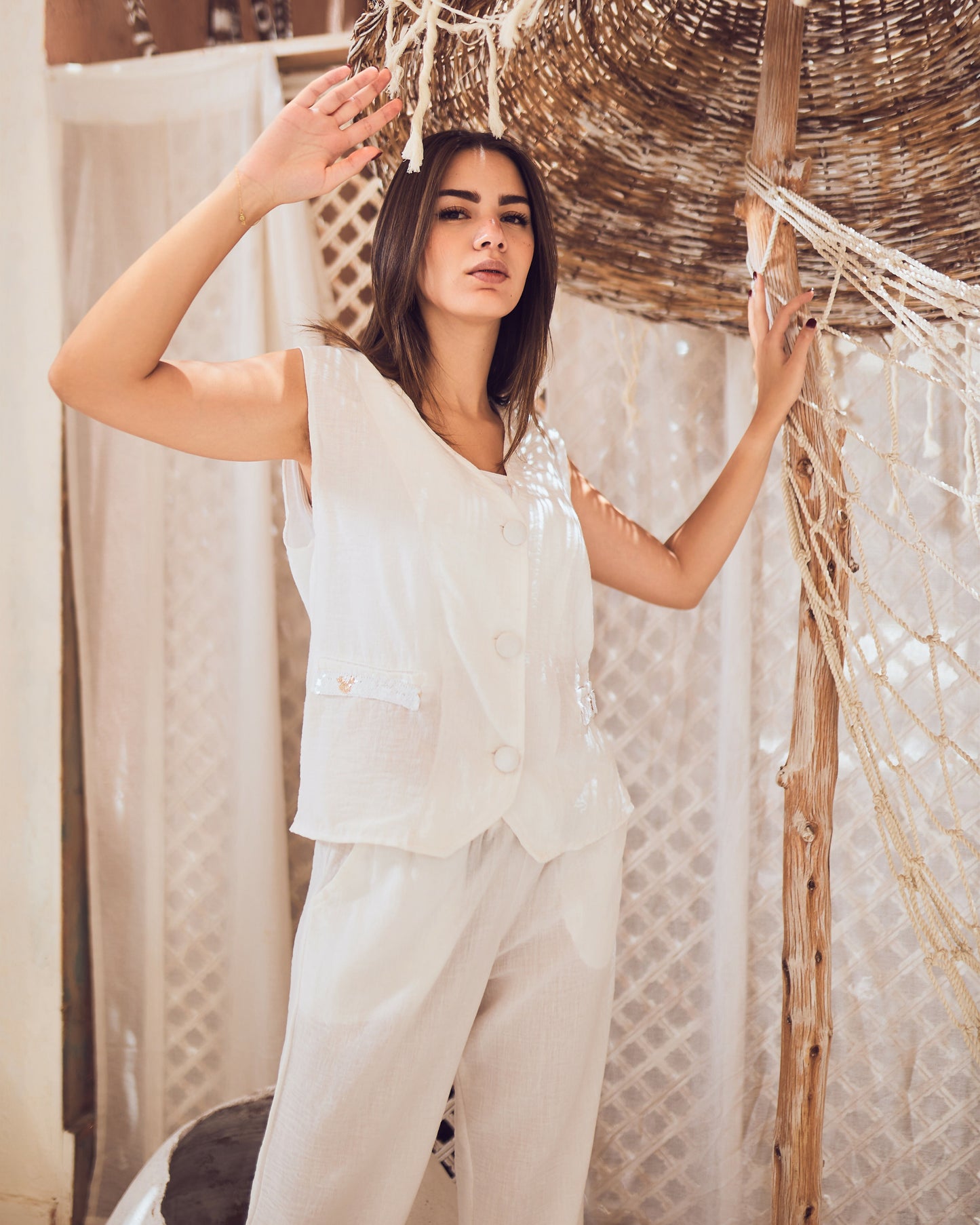 White Linen Vest Set