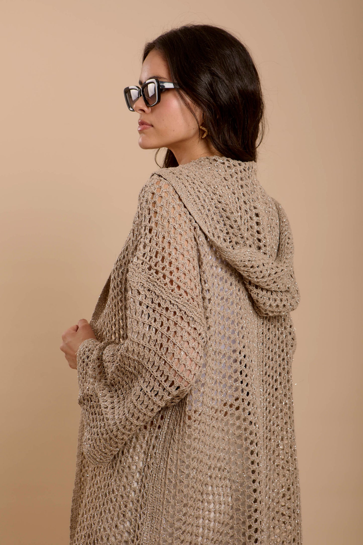 Metallic threads Crochet Jacket Beige