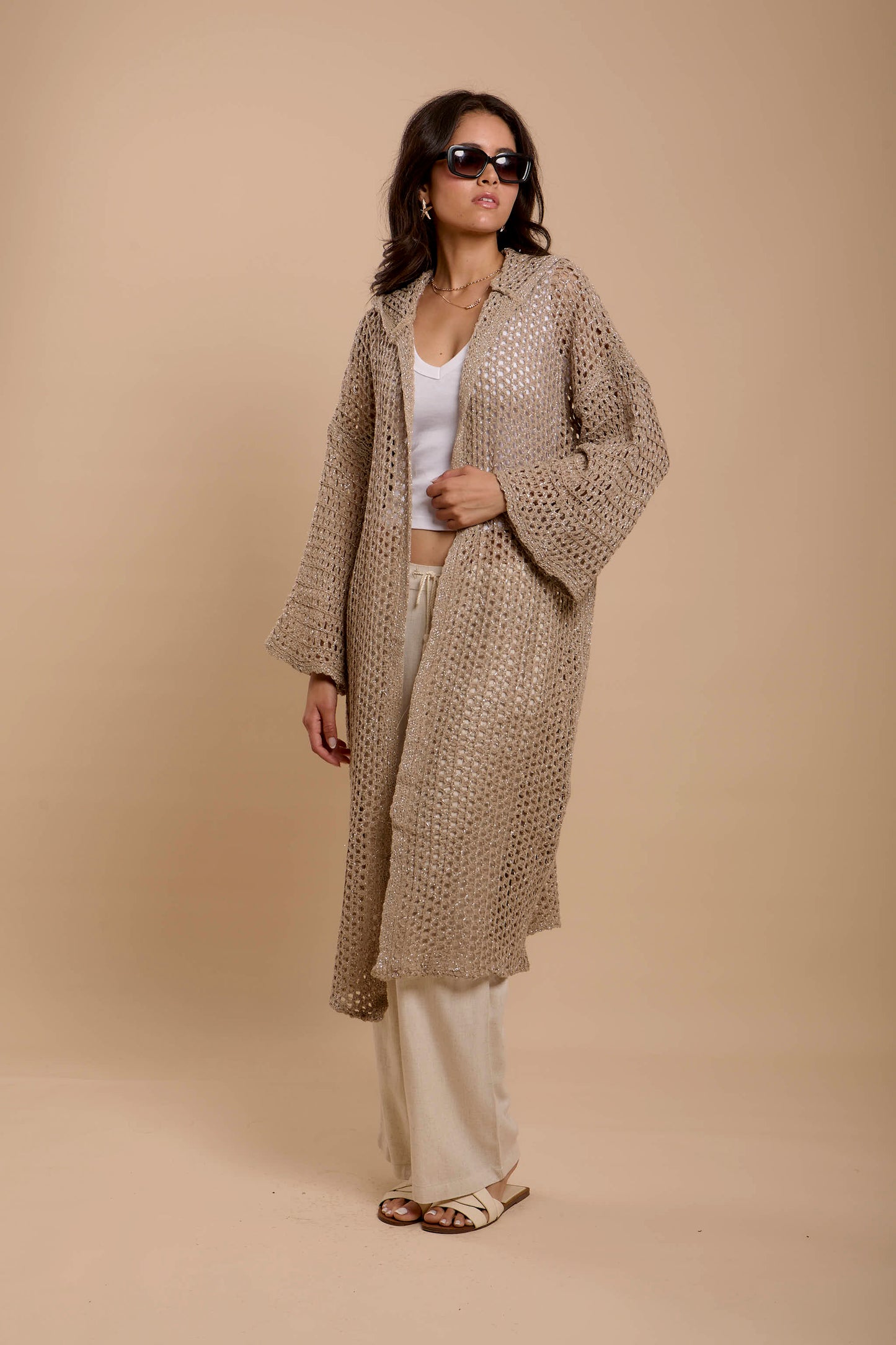 Metallic threads Crochet Jacket Beige