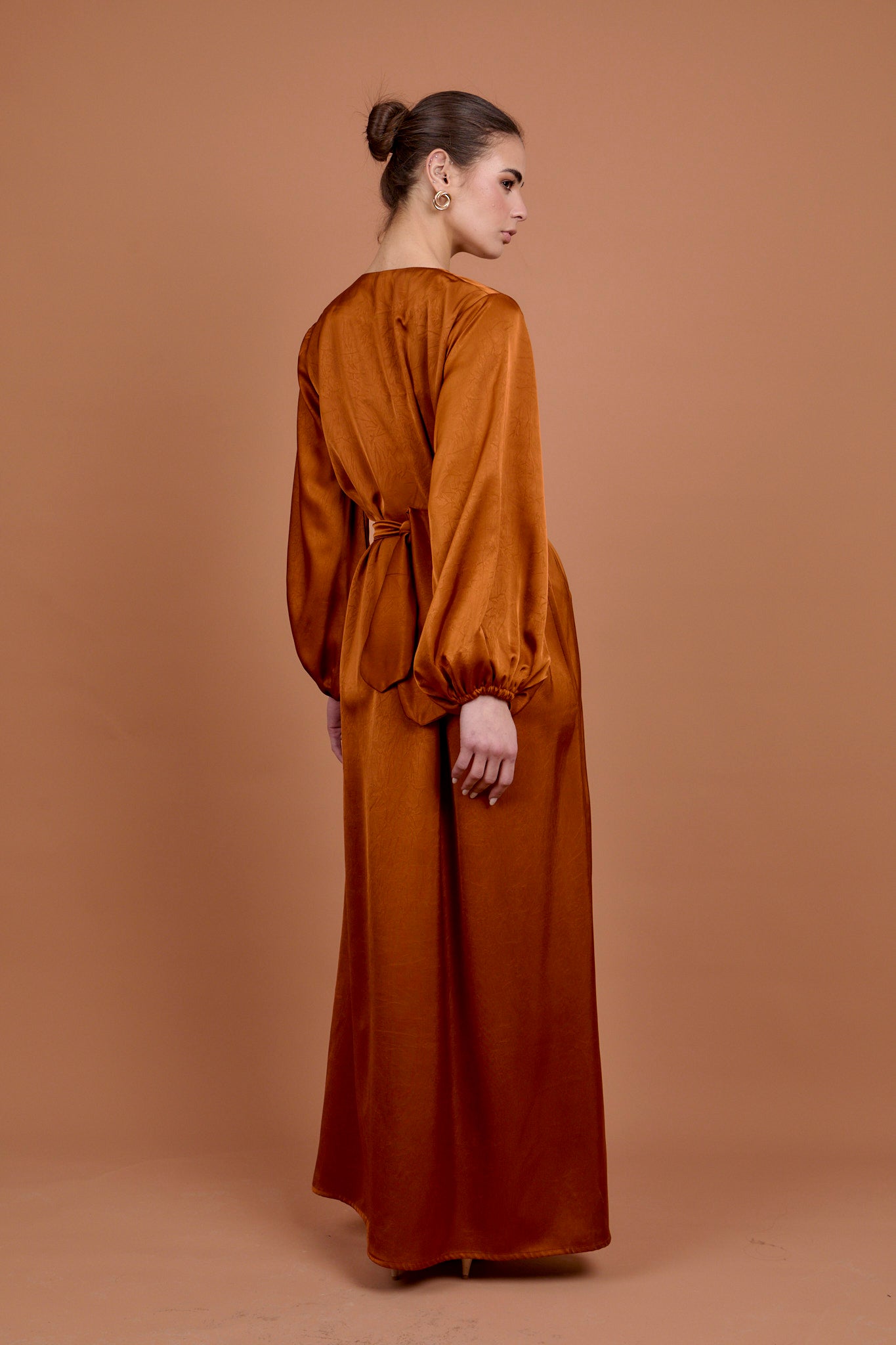 Copper V-neck satin Dress