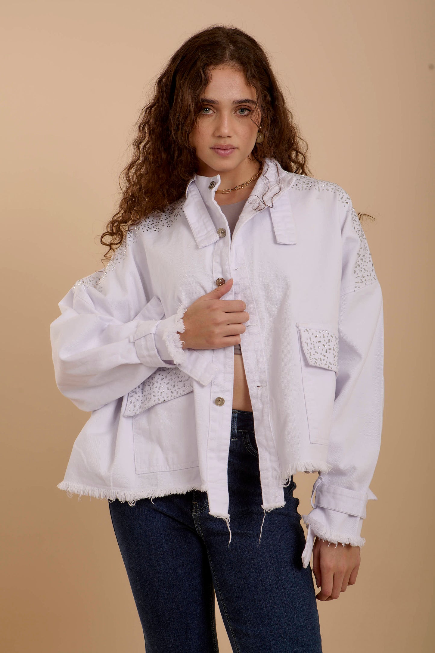 White Rhinestones Denim Jacket