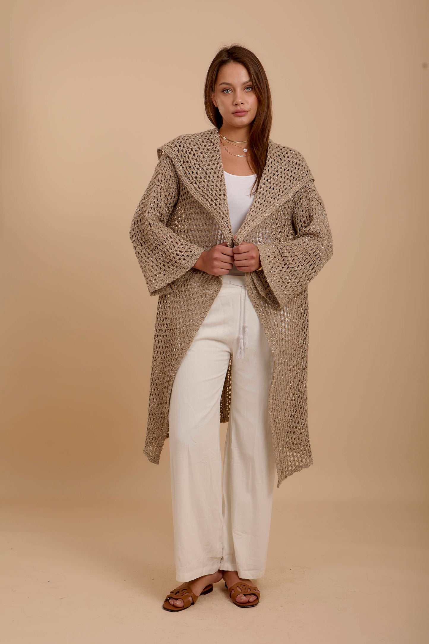 Metallic threads Crochet Jacket Beige