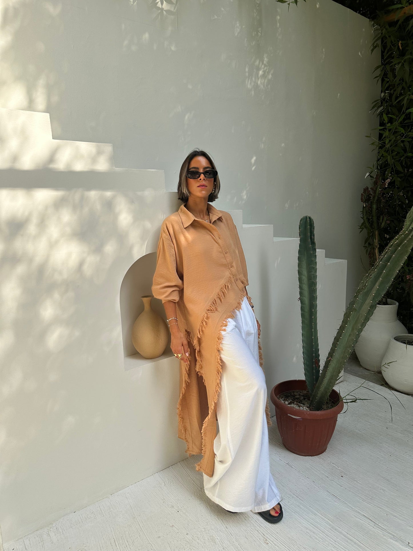 Fringed Sided Shirt in Camel
