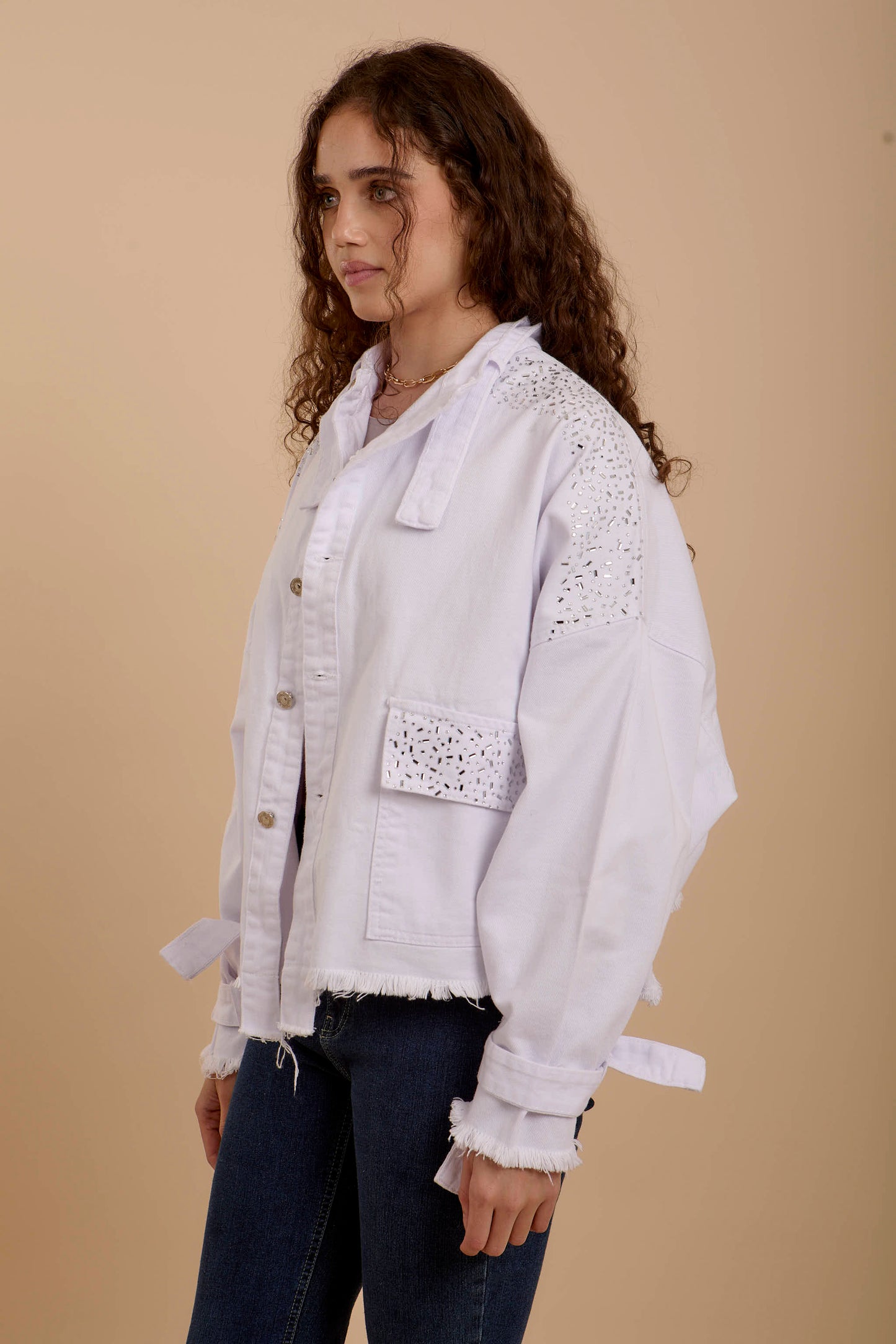 White Rhinestones Denim Jacket