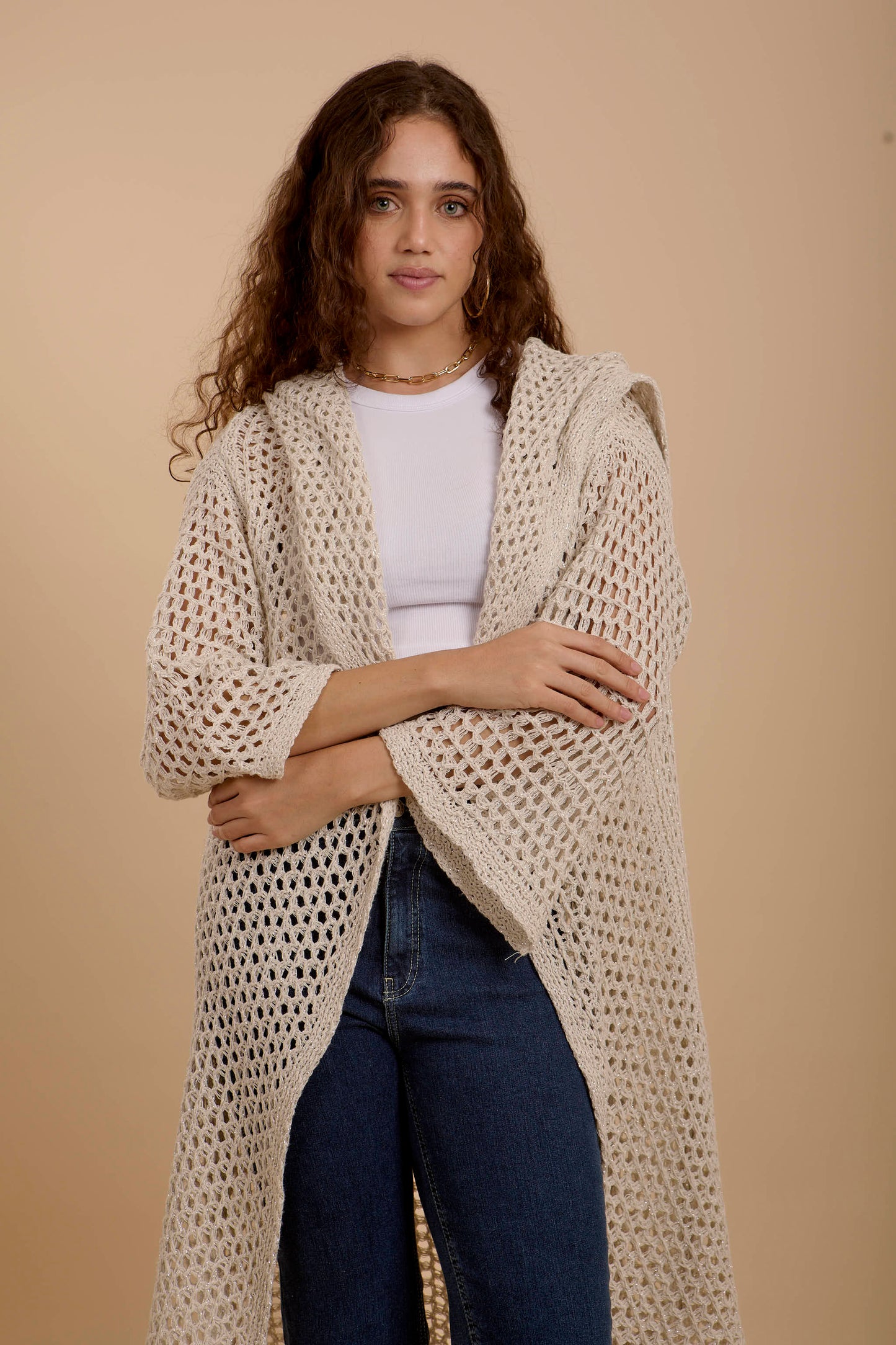 Metallic threads Crochet Jacket off-white