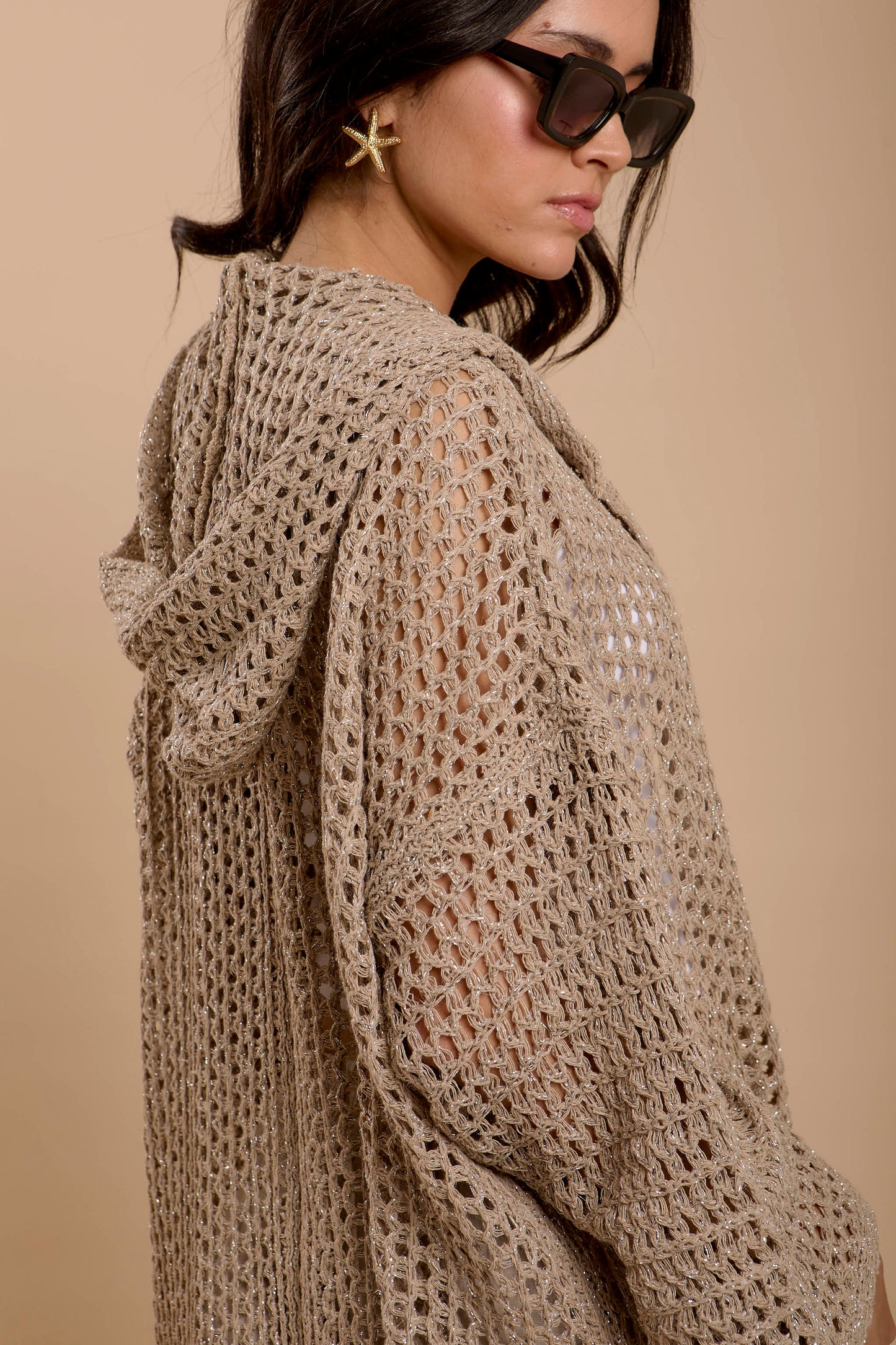 Metallic threads Crochet Jacket Beige