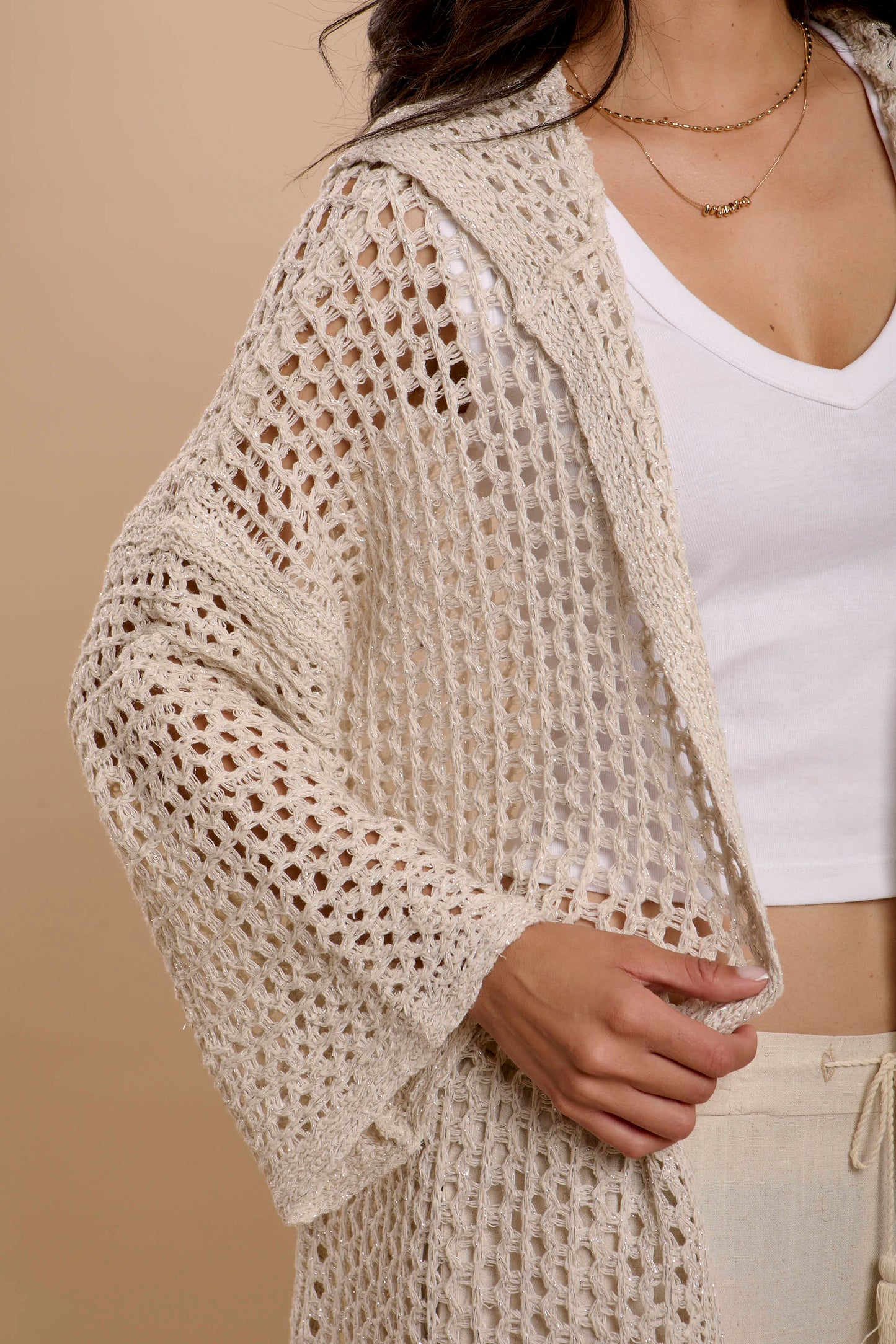 Metallic threads Crochet Jacket off-white