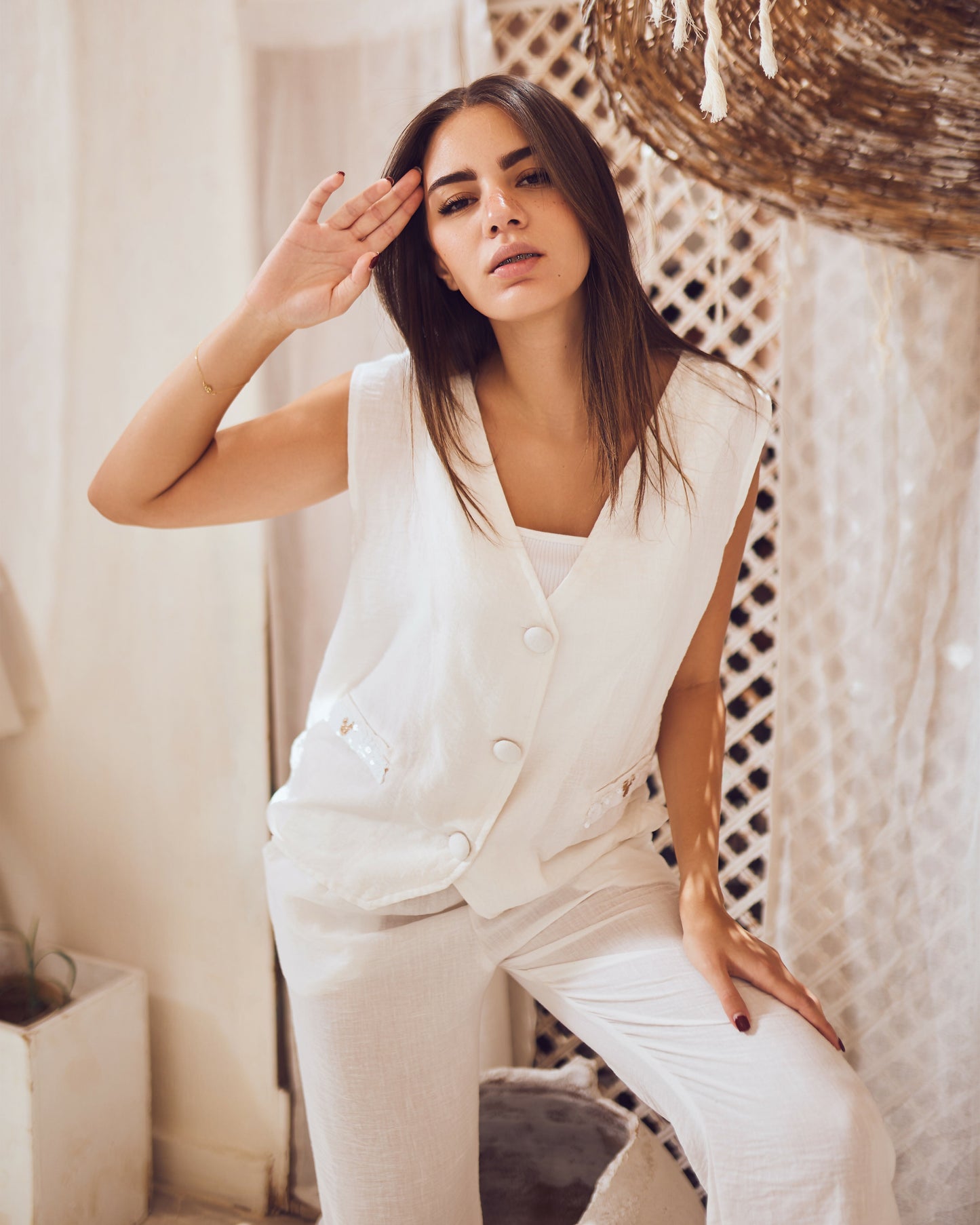 White Linen Vest Set