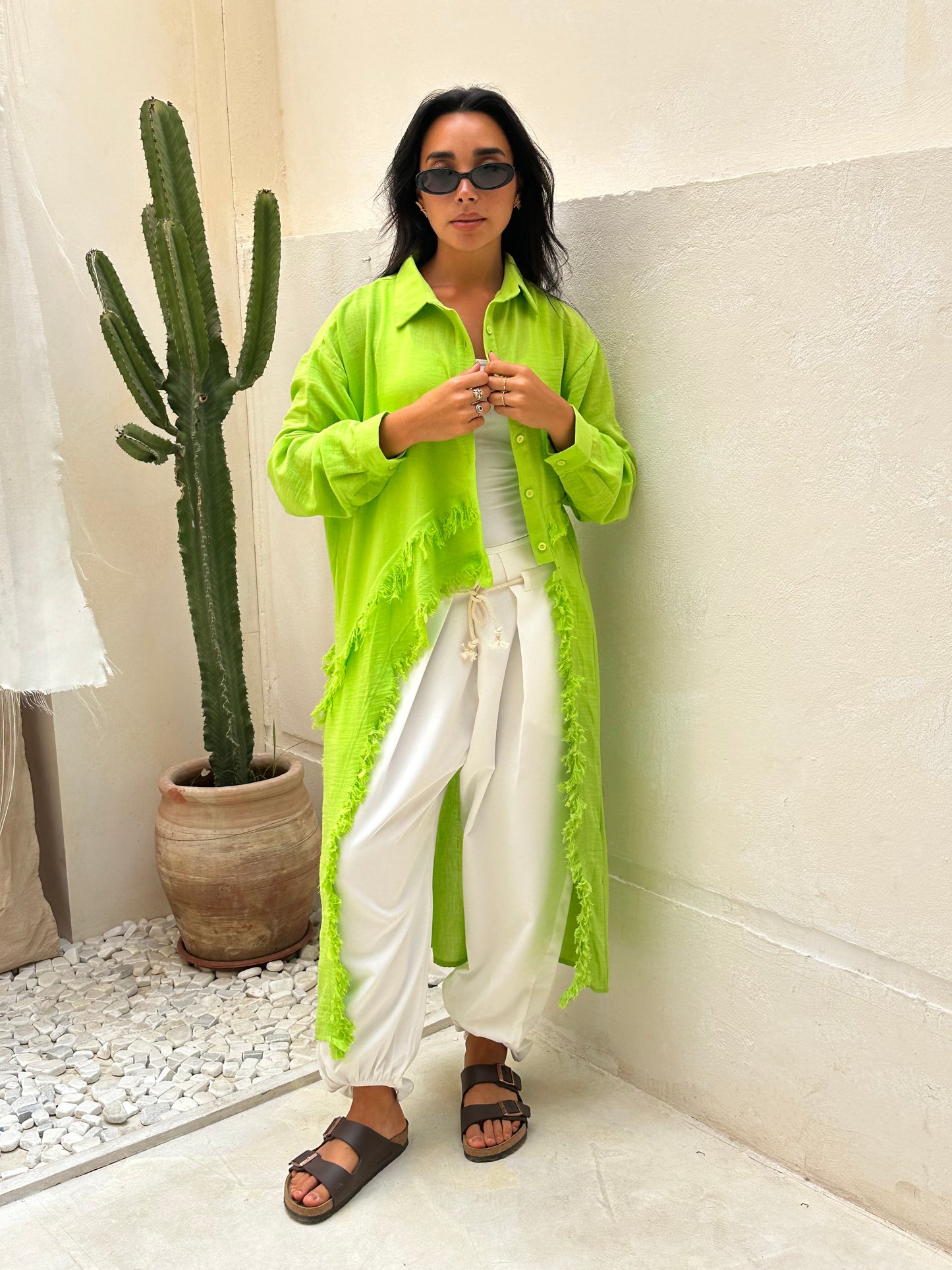 Fringed Sided Shirt in Apple Green