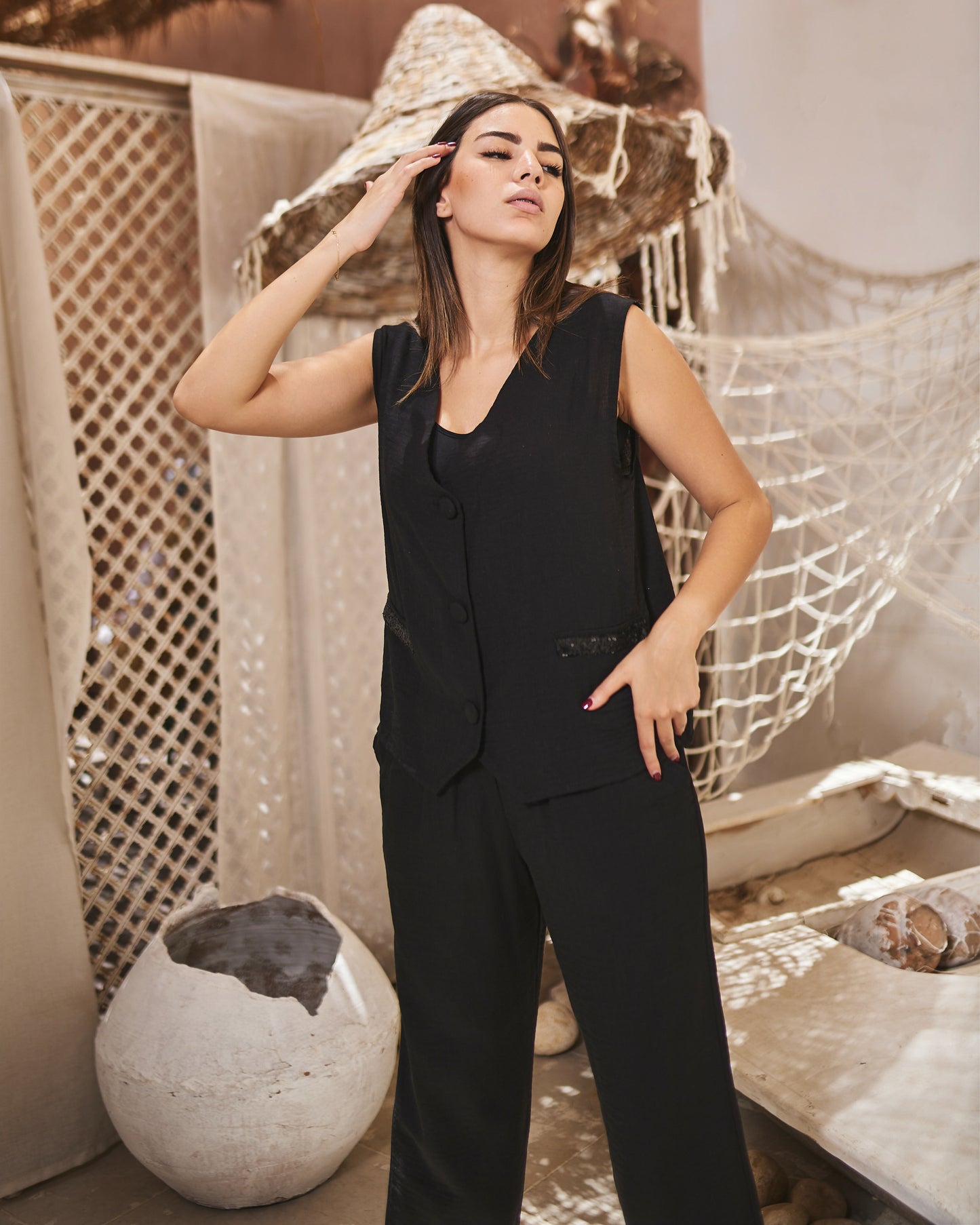 Black Linen Vest Set