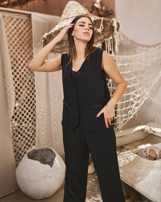Black Linen Vest Set
