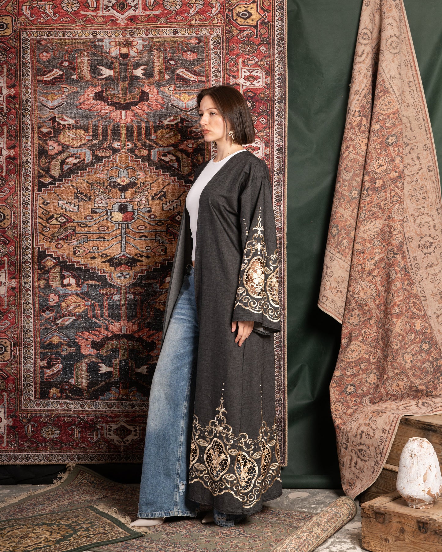 EMBRO-STUDDED DENIM KAFTAN