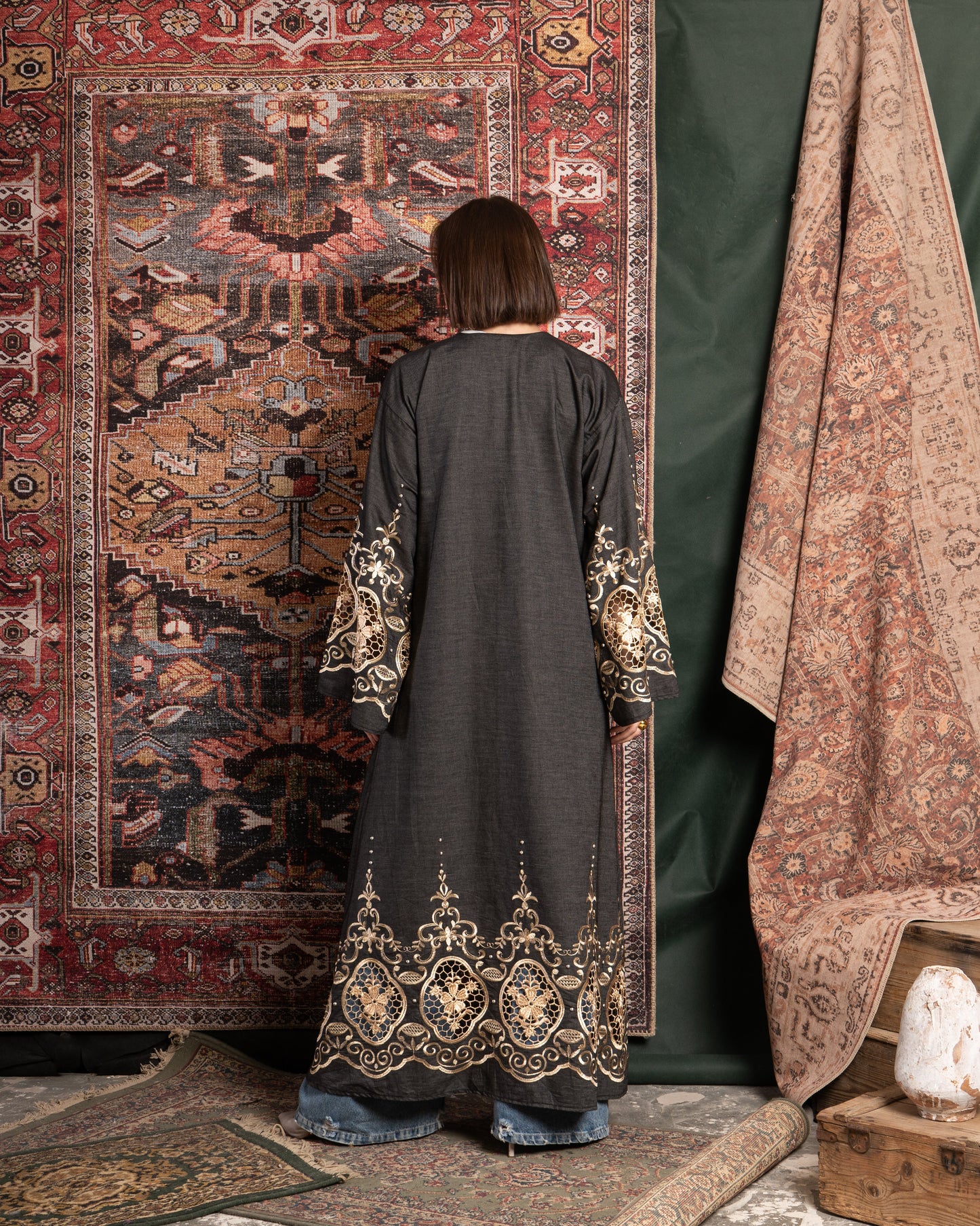 EMBRO-STUDDED DENIM KAFTAN