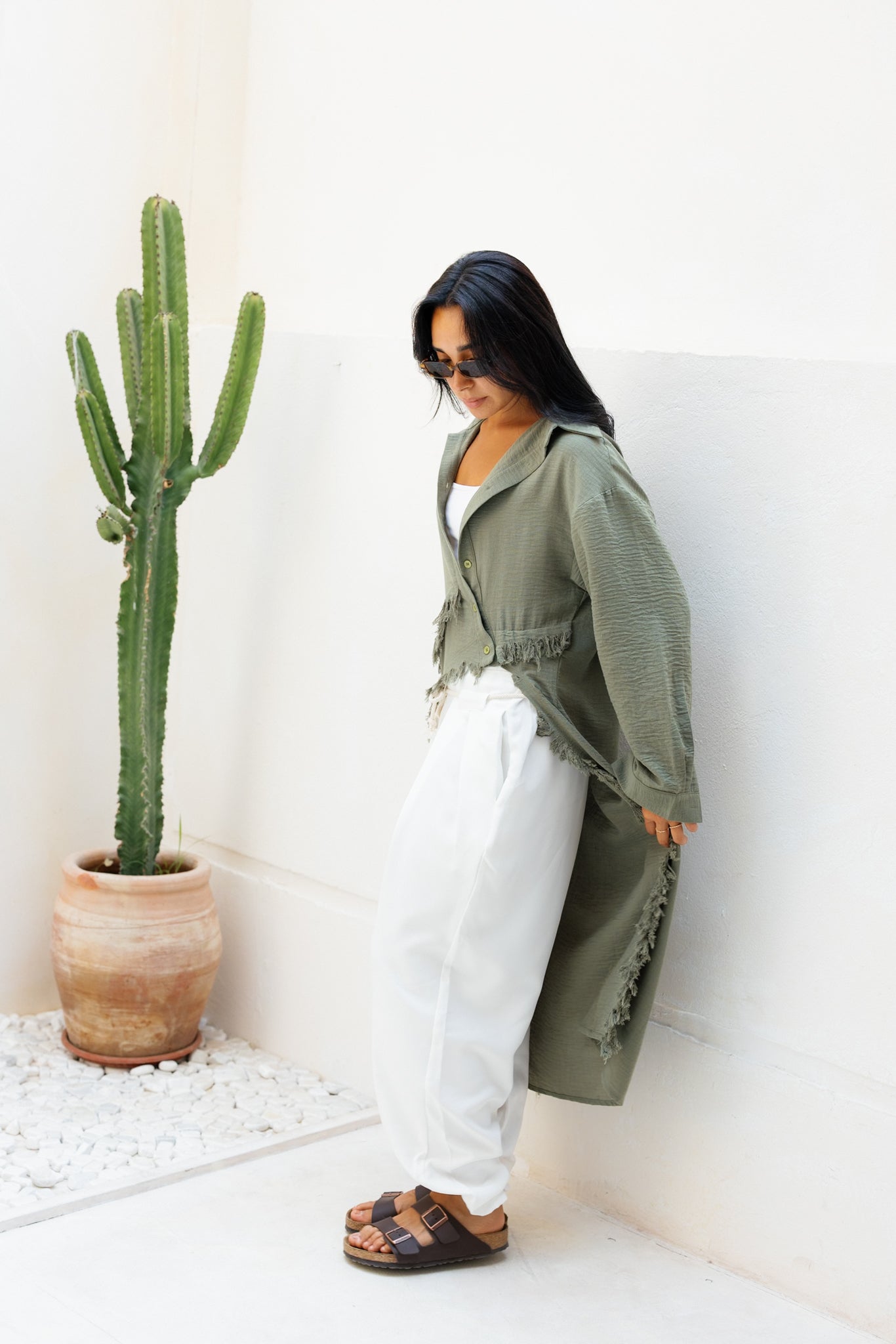 Fringed Sided Shirt in Dark Olive