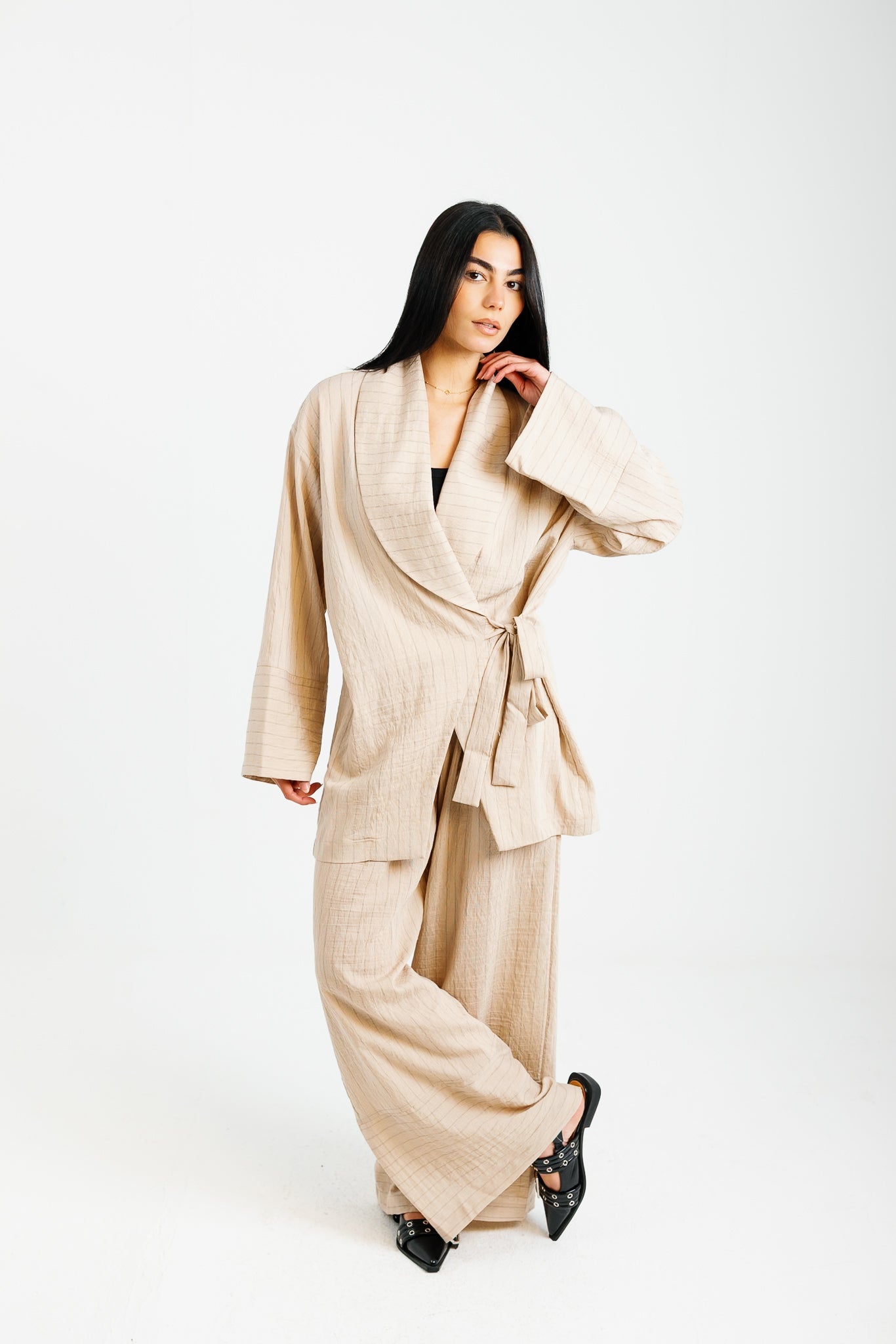 The Pinstripe Wrapped Set - Beige