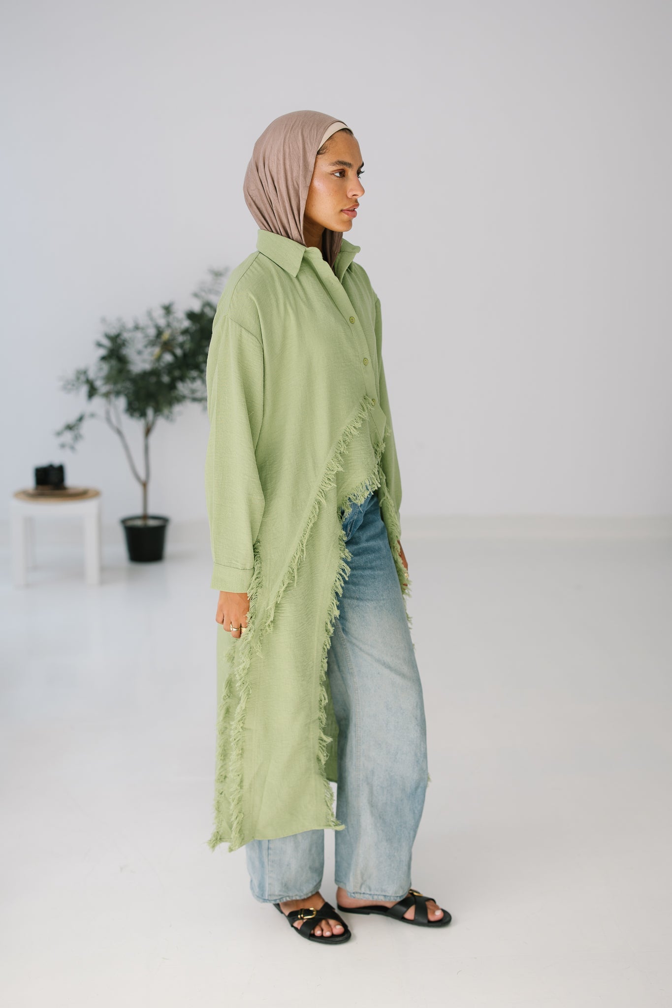 Fringed Sided Shirt in Sage