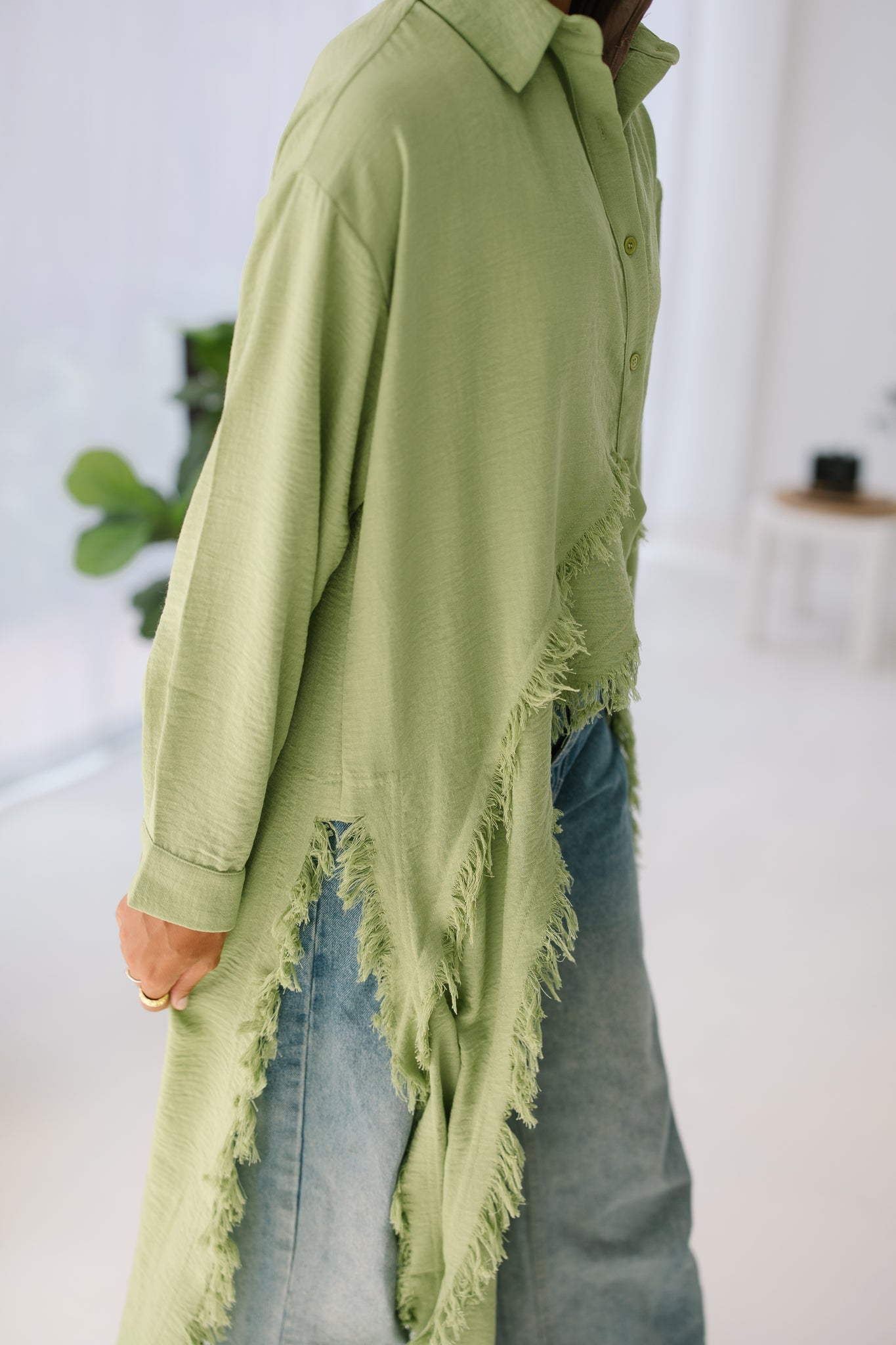 Fringed Sided Shirt in Sage