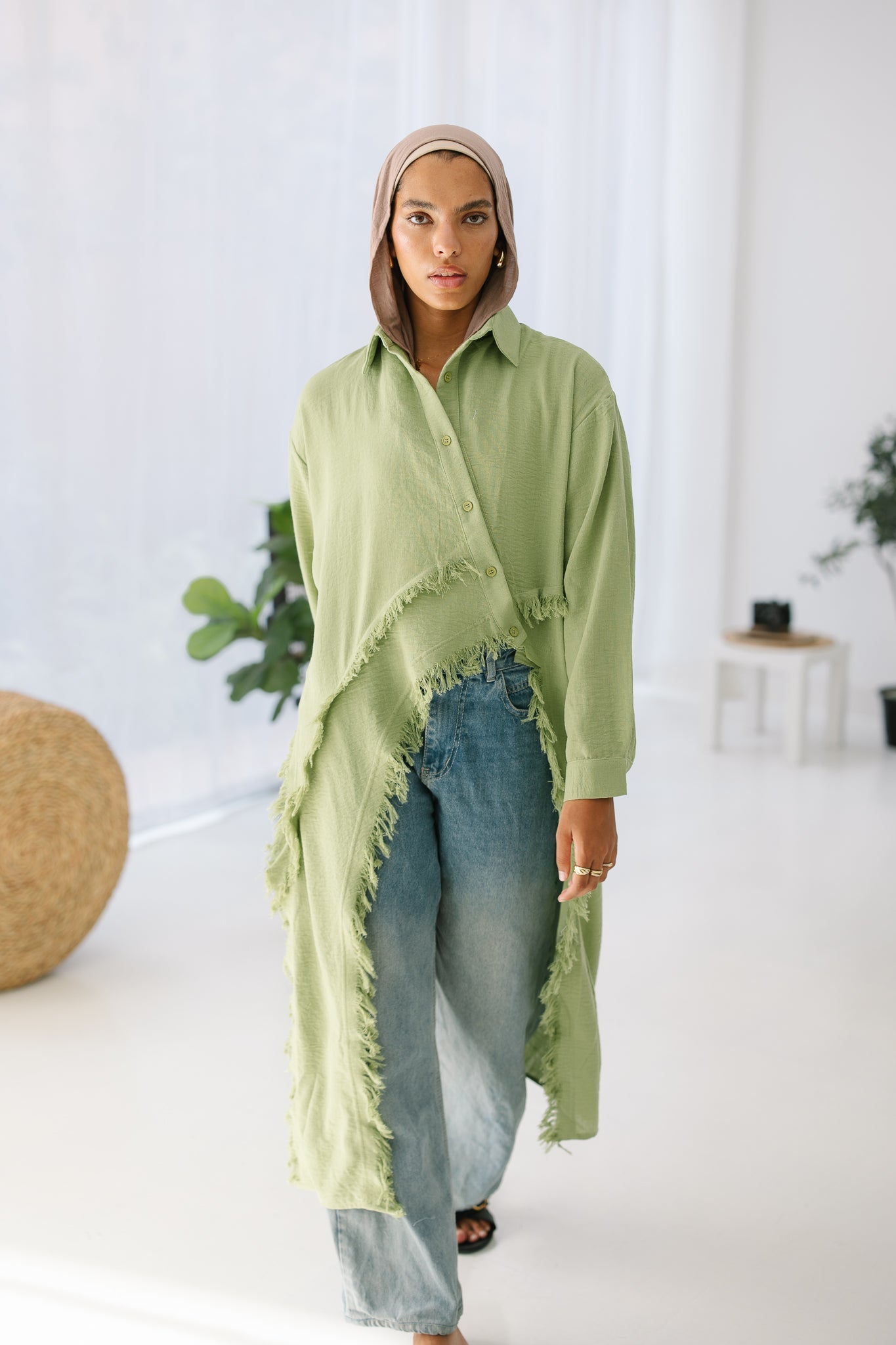 Fringed Sided Shirt in Sage