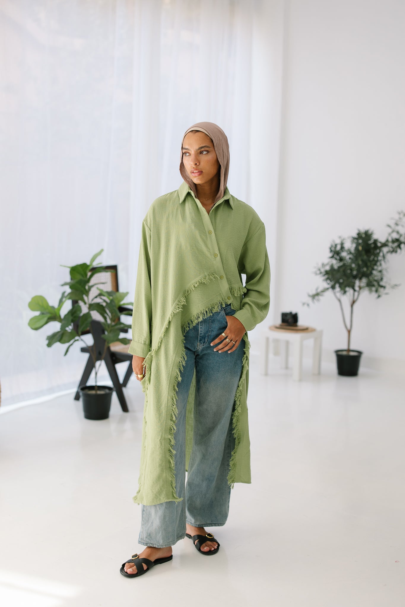 Fringed Sided Shirt in Sage