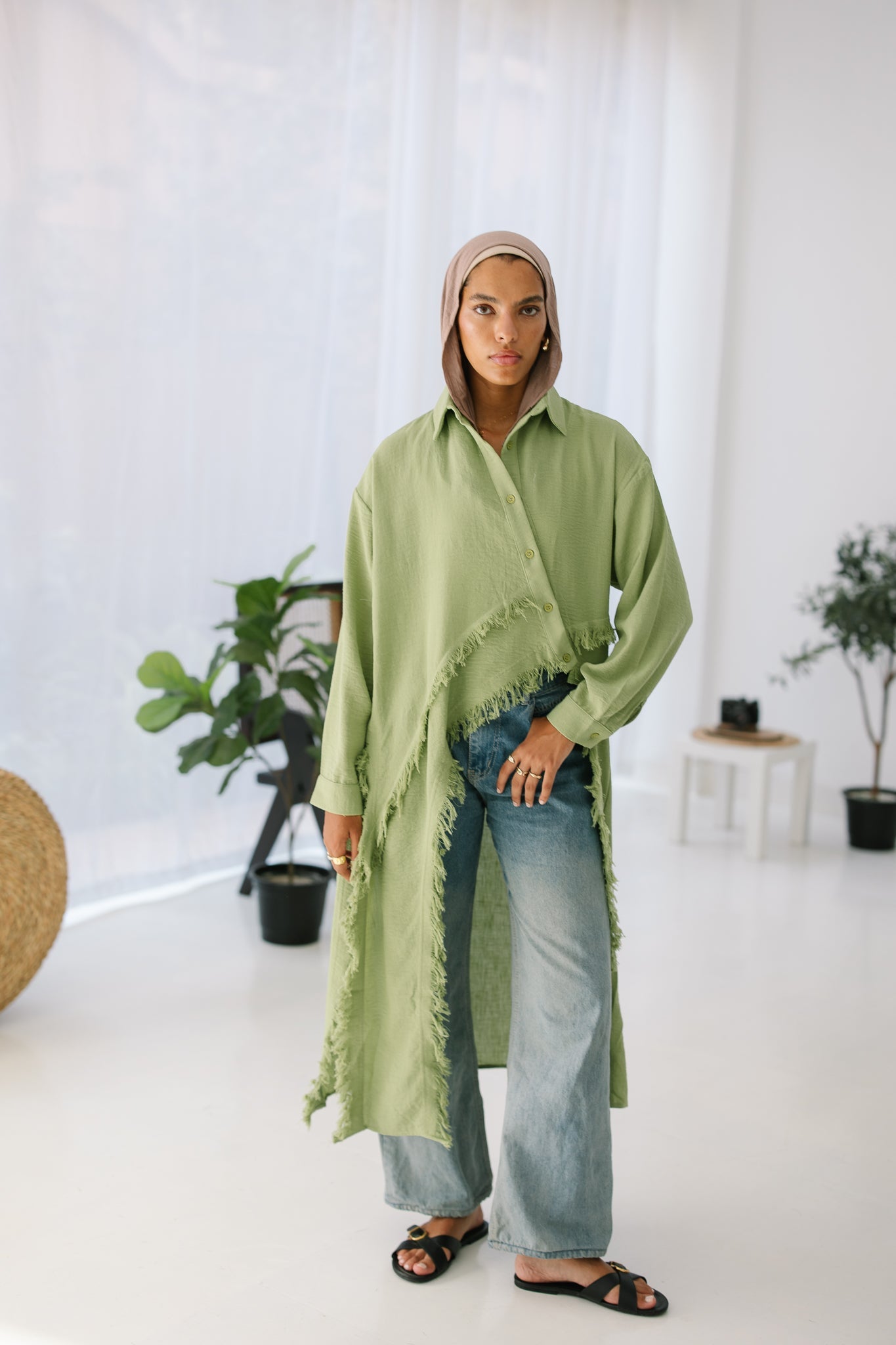 Fringed Sided Shirt in Sage
