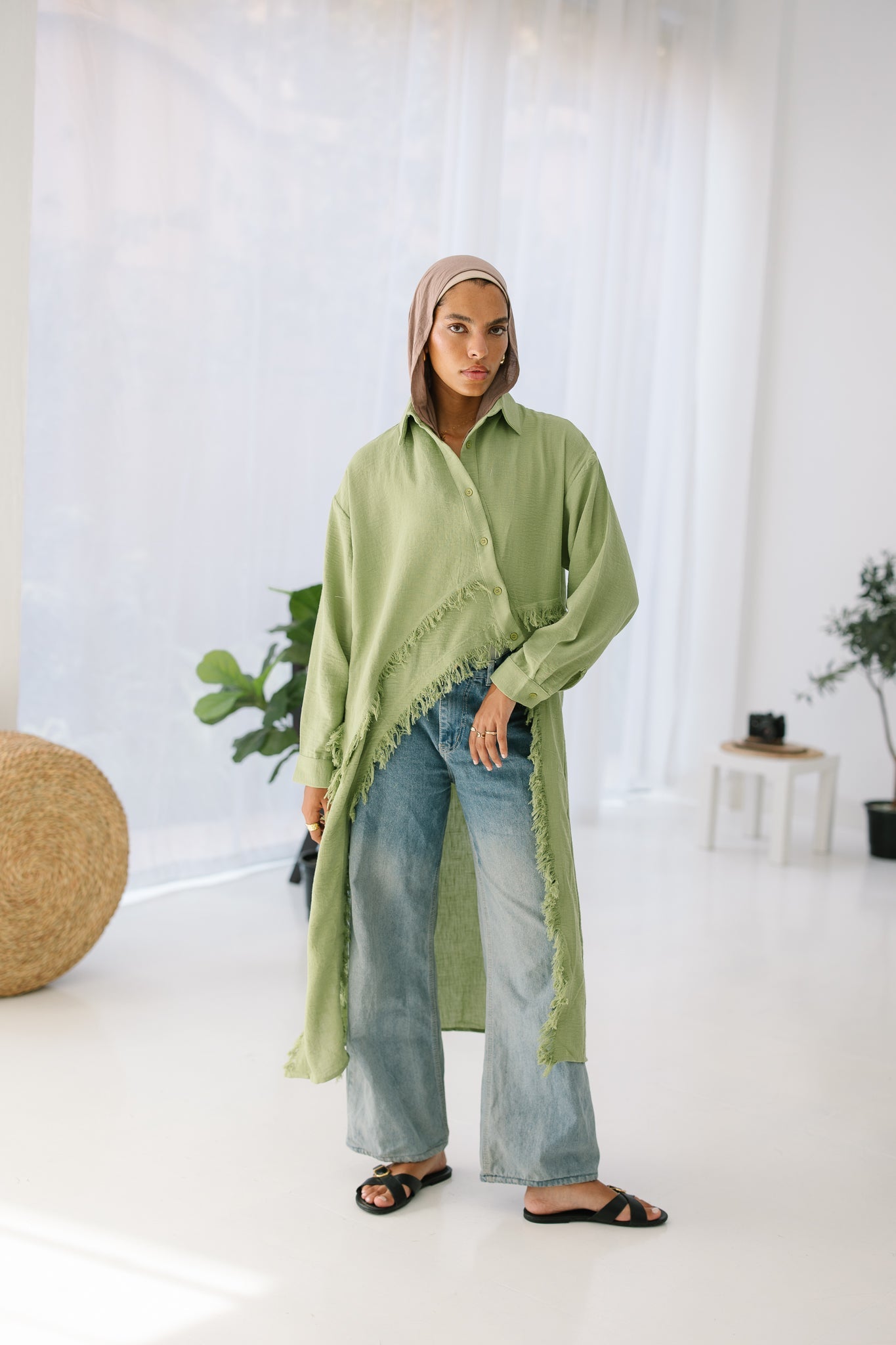 Fringed Sided Shirt in Sage