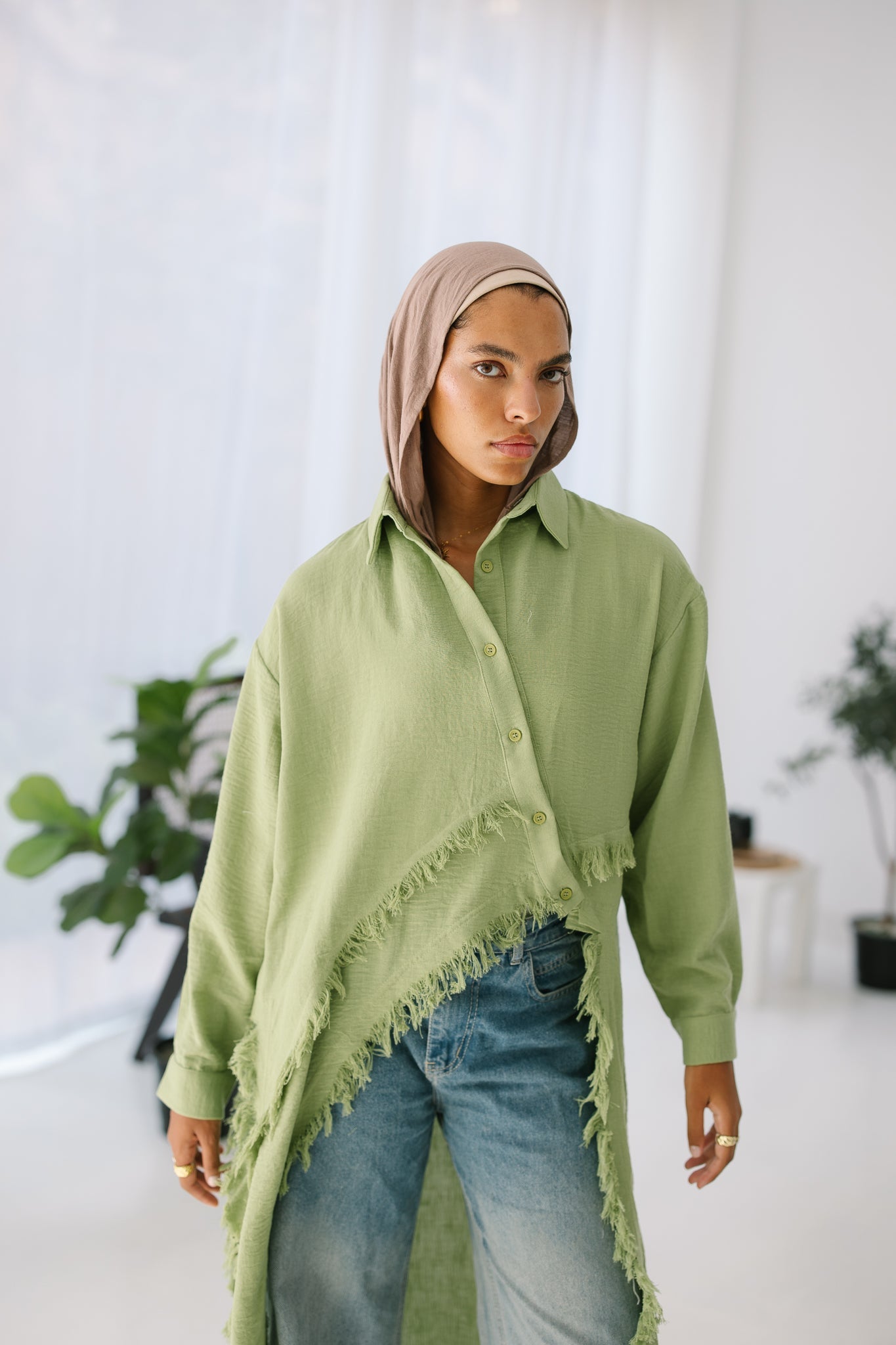 Fringed Sided Shirt in Sage
