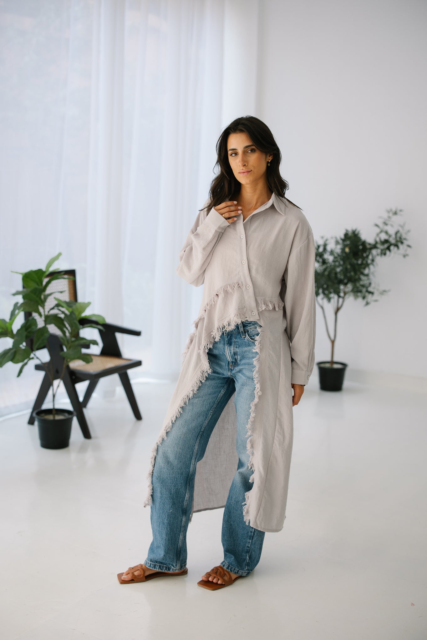 Fringed Sided Shirt in Grey