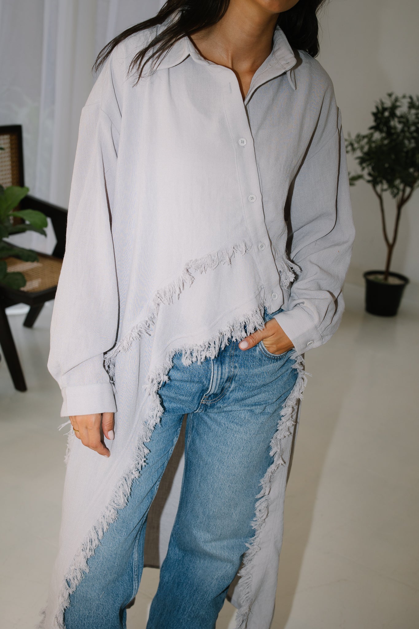 Fringed Sided Shirt in Grey