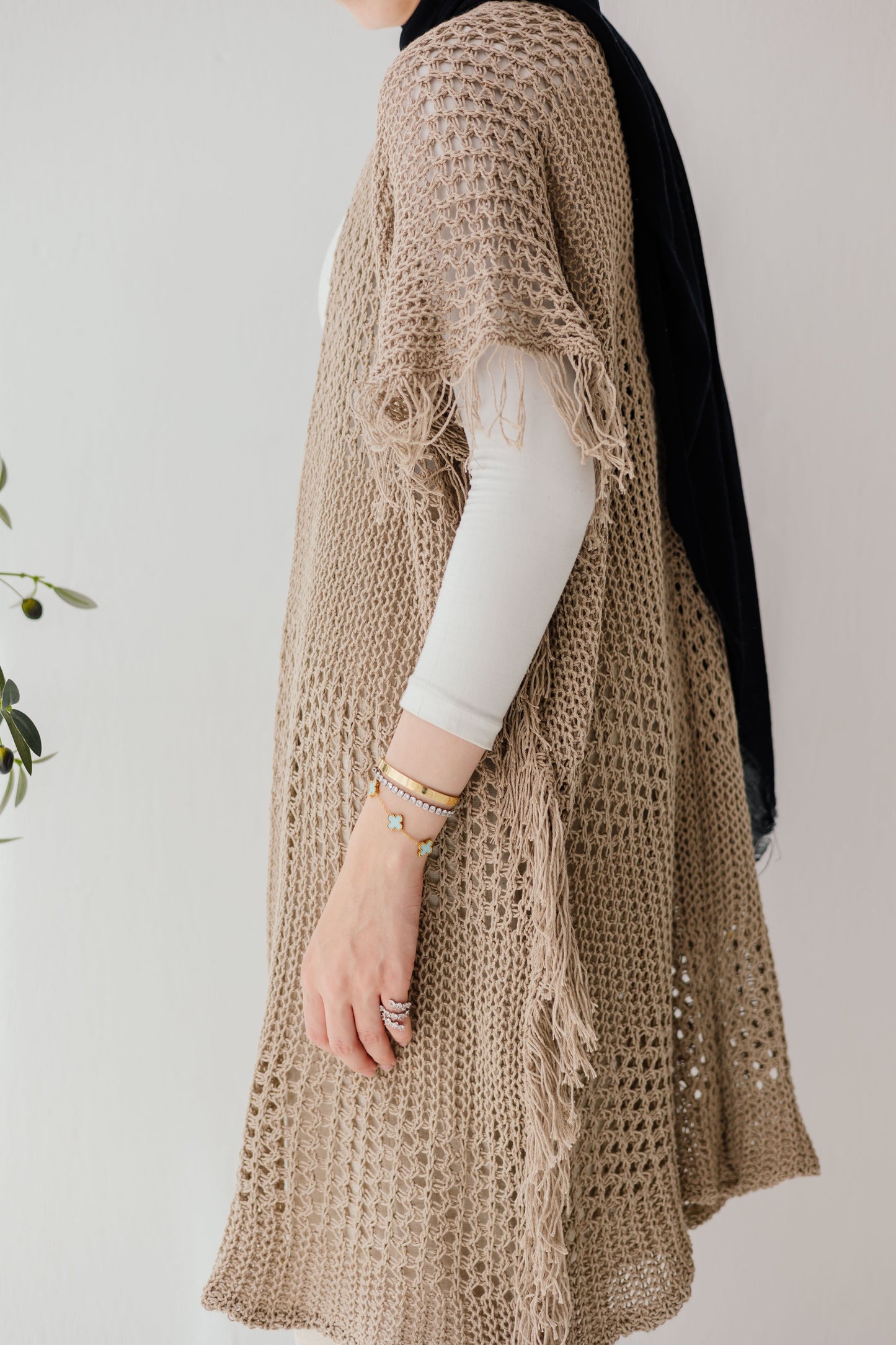 Crochet Fringed Cardigan in Tan