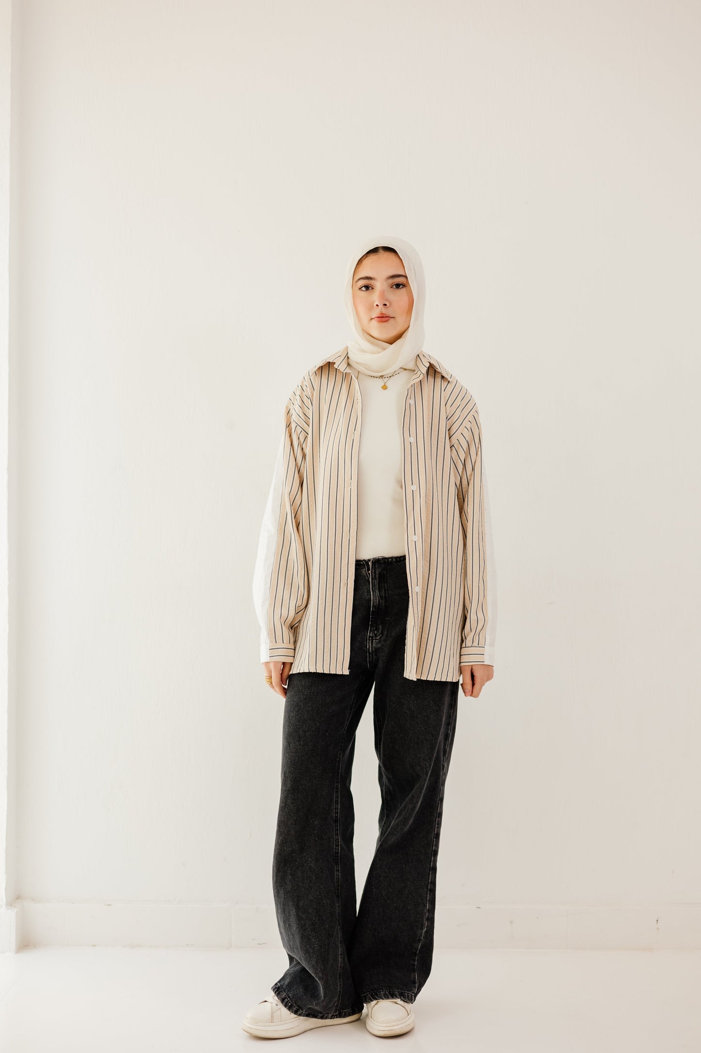 Stripe & Stud Shirt in Beige