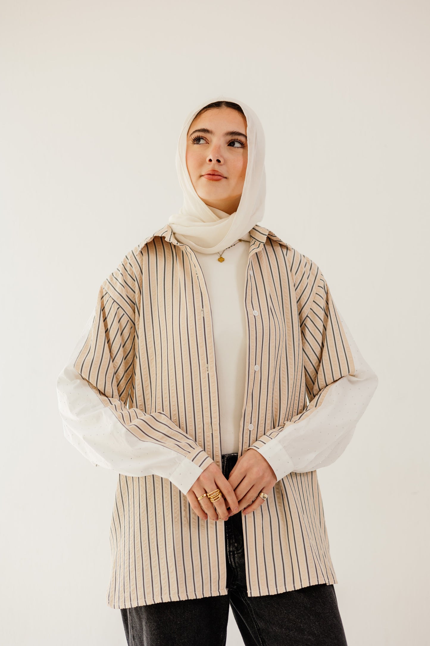 Stripe & Stud Shirt in Beige