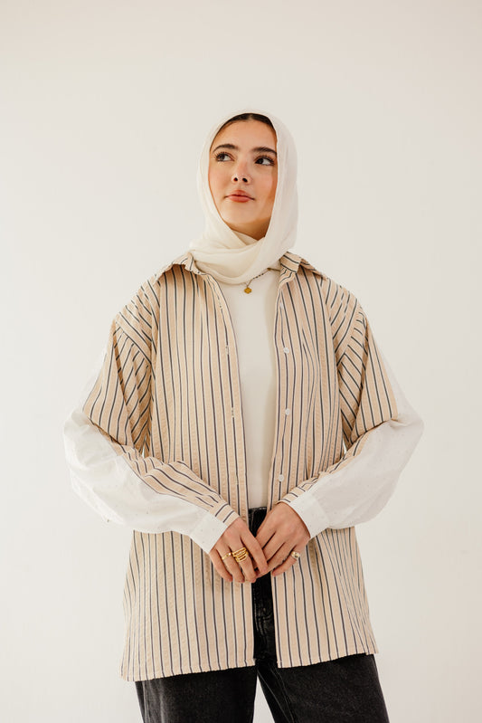 Stripe and Stud Shirt in Beige