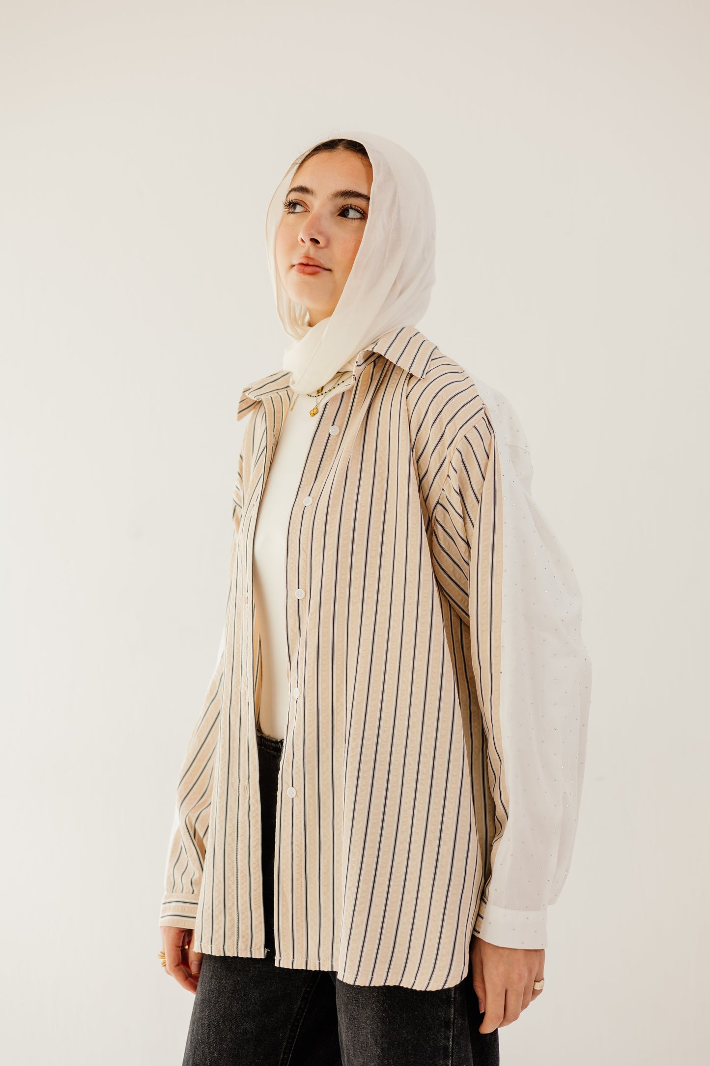 Stripe & Stud Shirt in Beige