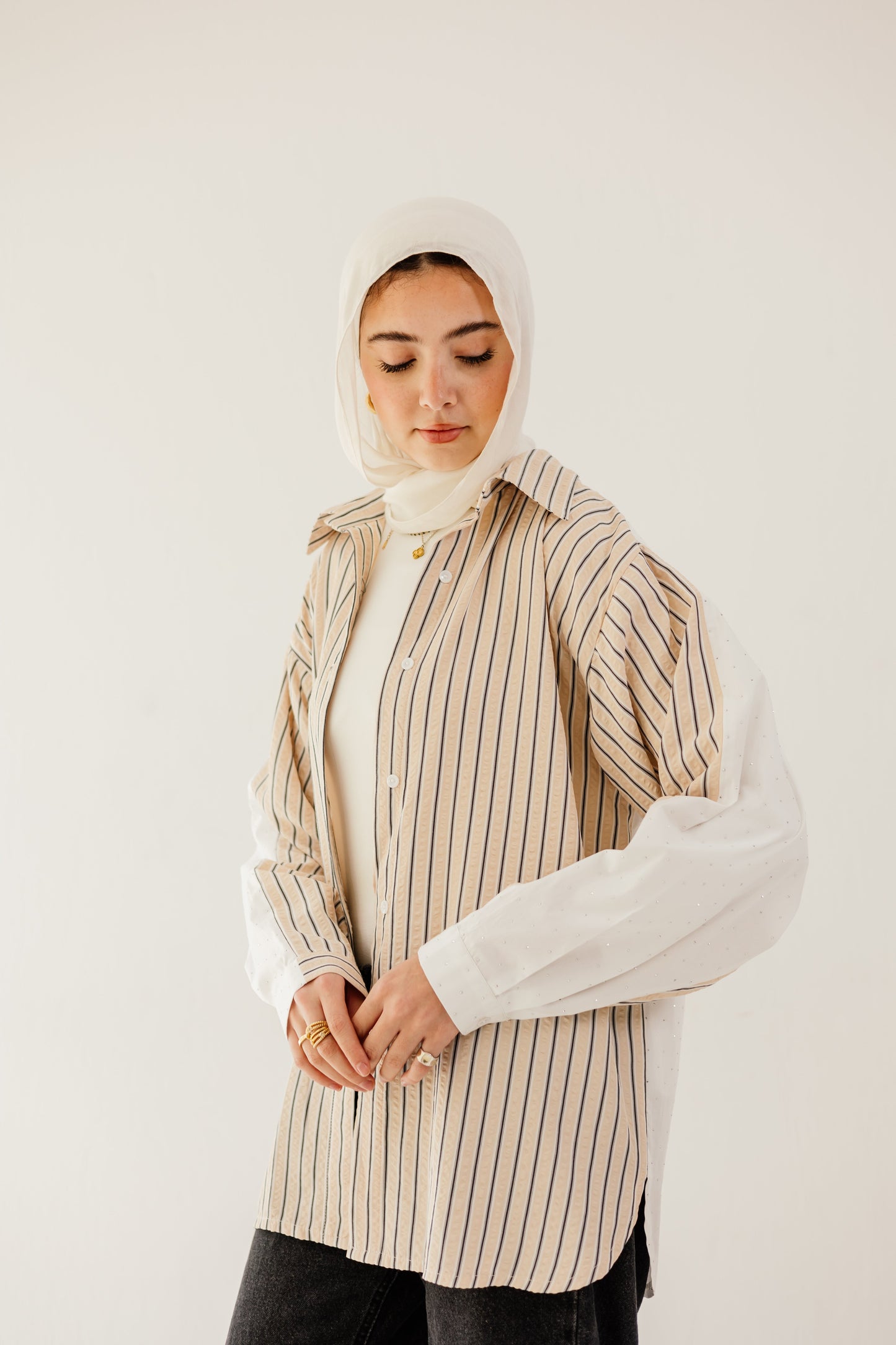 Stripe & Stud Shirt in Beige