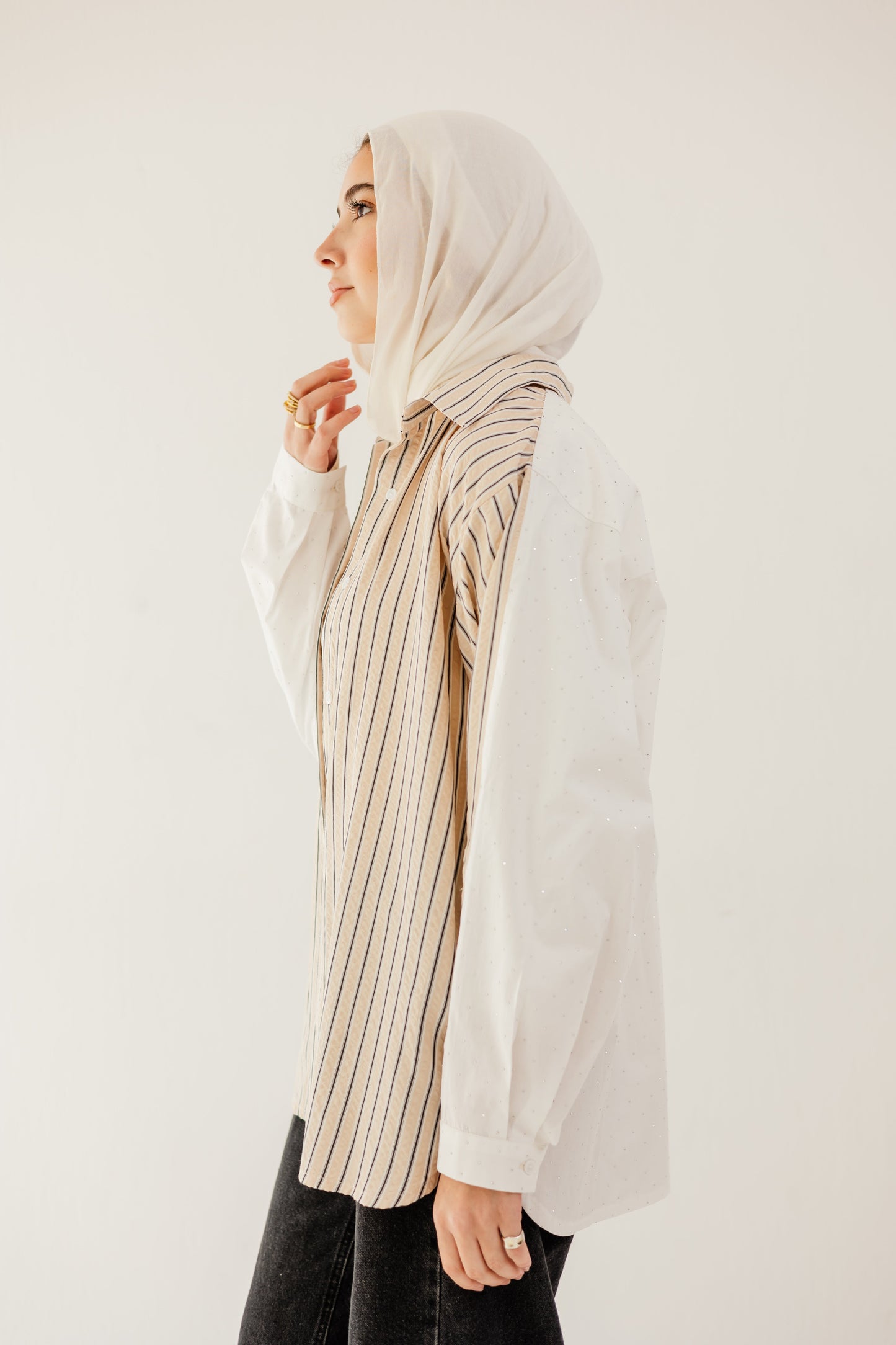 Stripe & Stud Shirt in Beige
