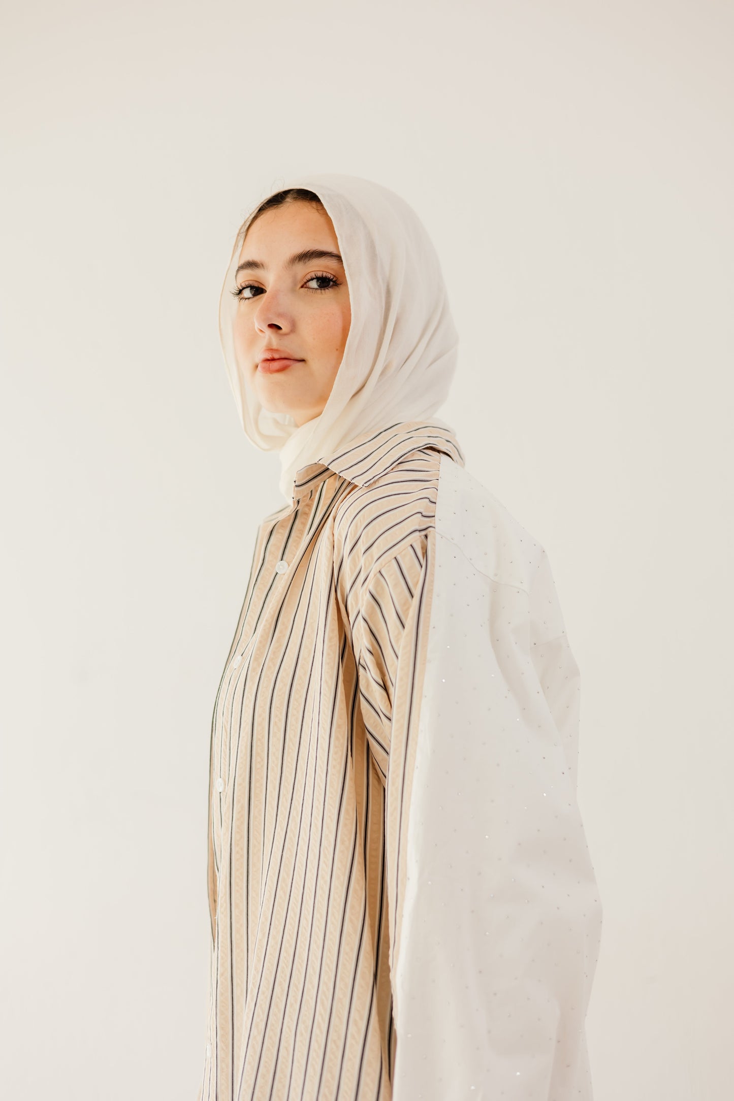 Stripe & Stud Shirt in Beige