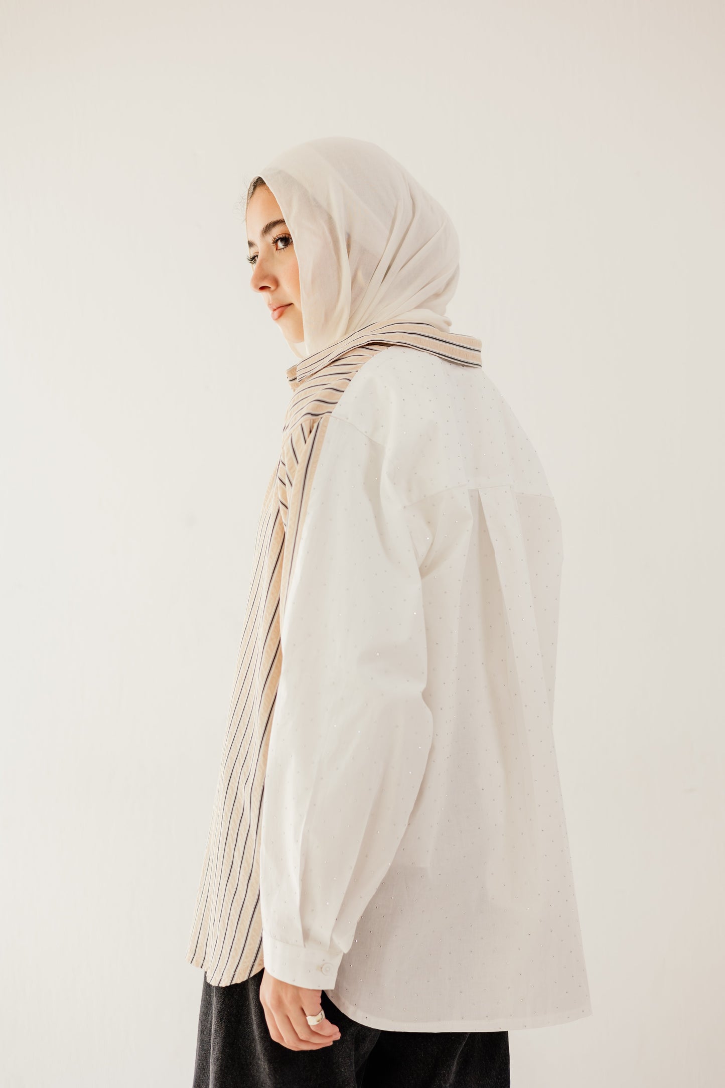 Stripe and Stud Shirt in Beige