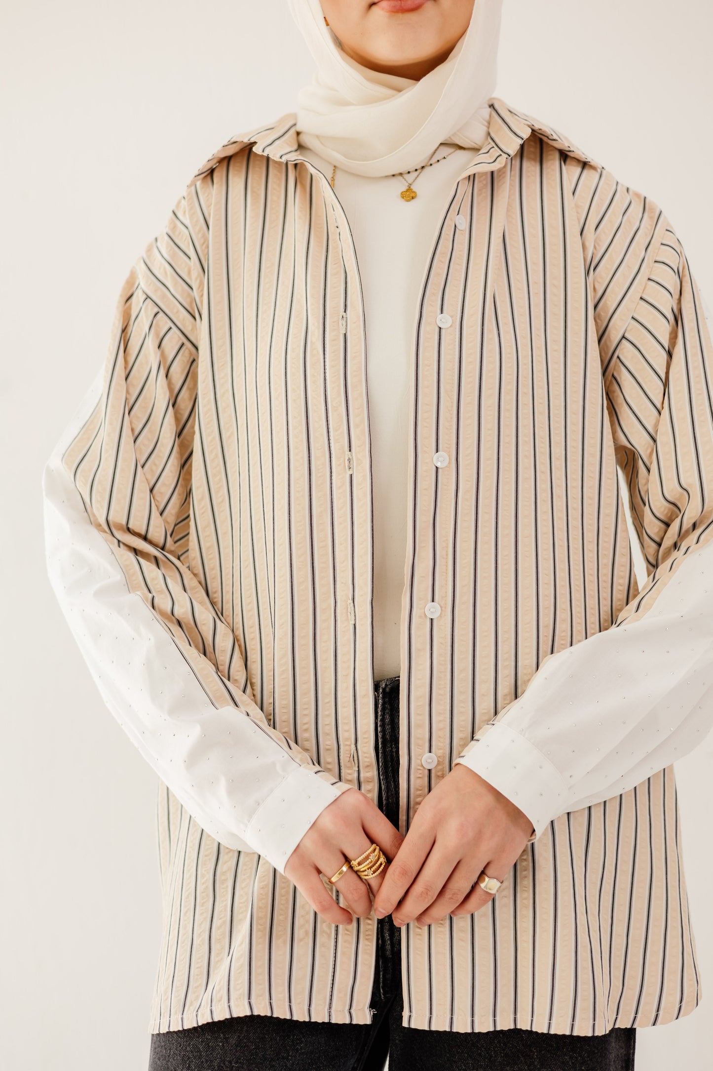 Stripe and Stud Shirt in Beige