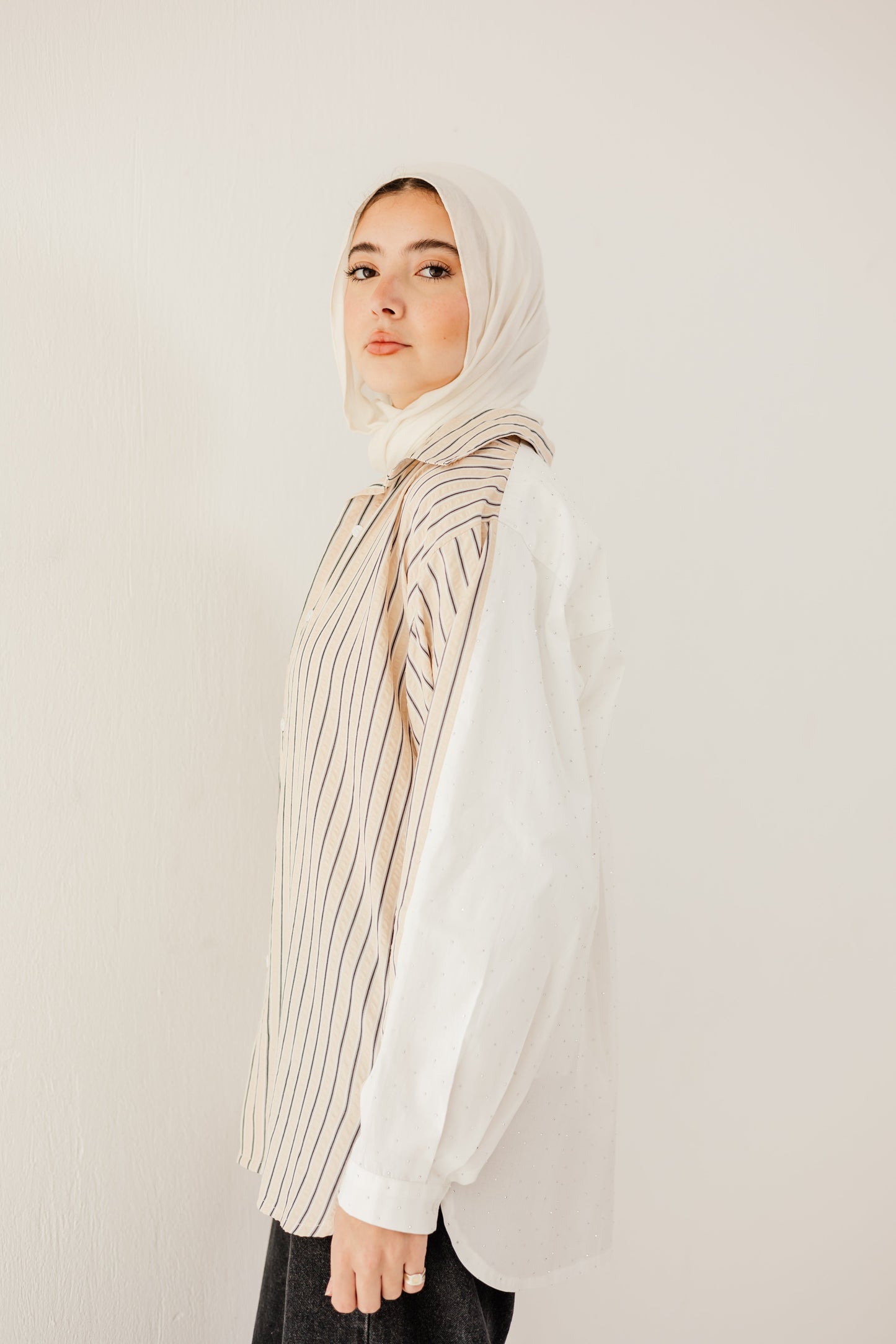 Stripe & Stud Shirt in Beige