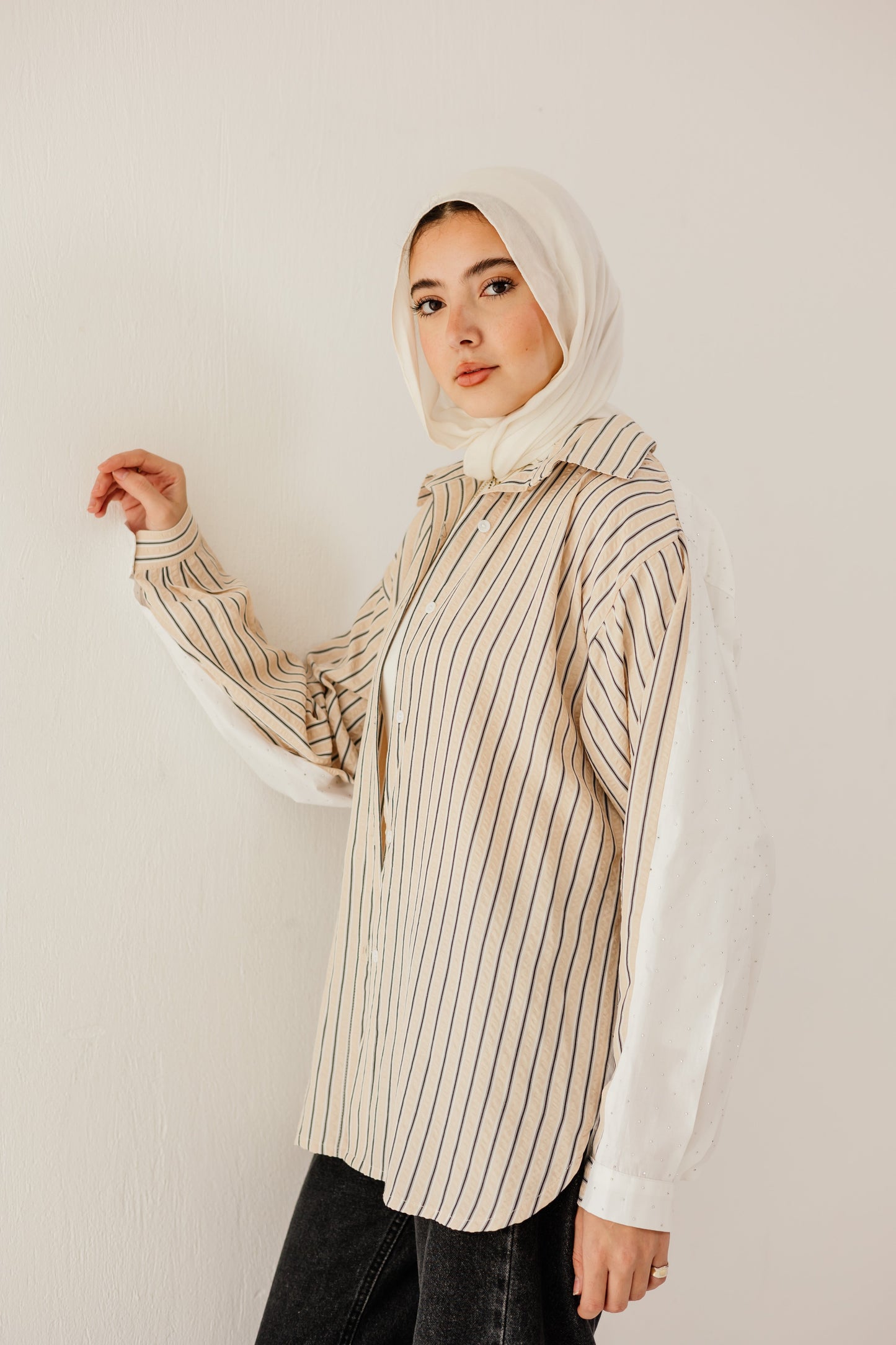 Stripe & Stud Shirt in Beige