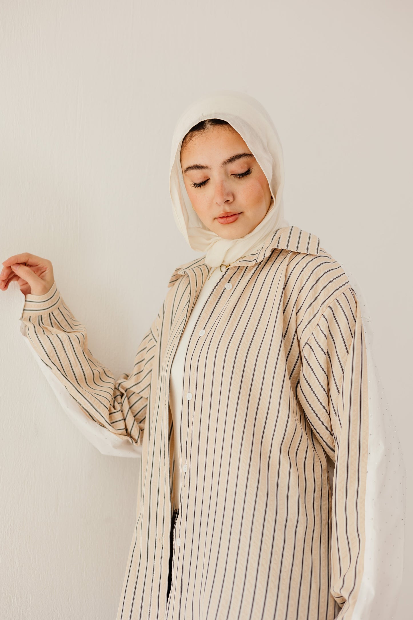 Stripe & Stud Shirt in Beige
