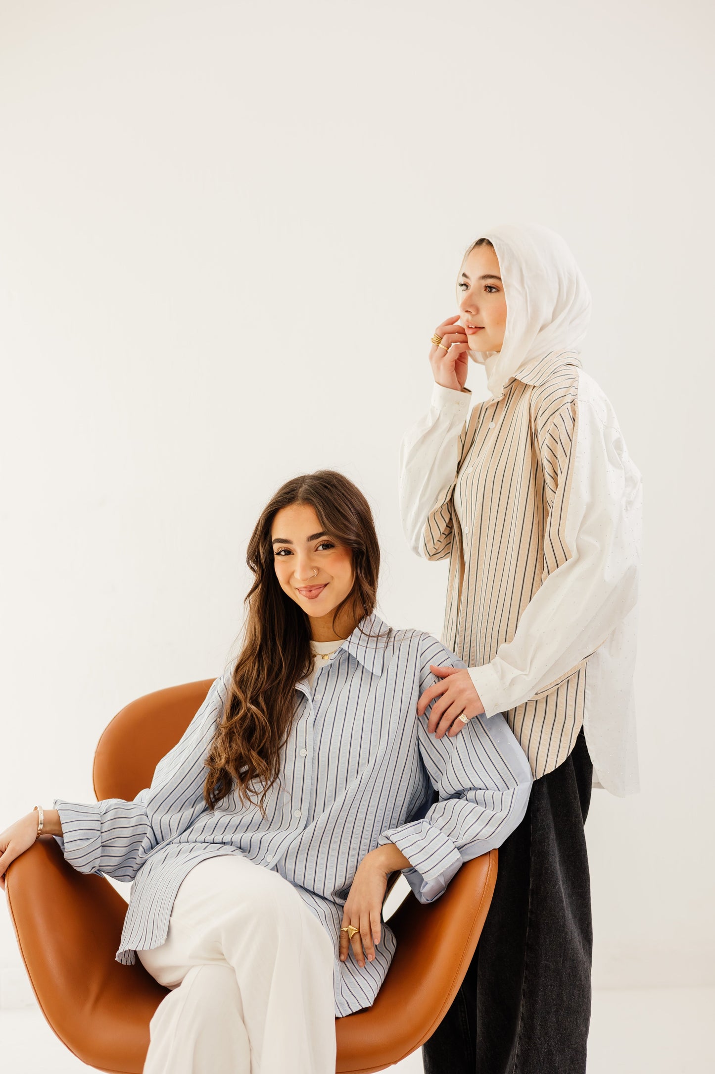 Stripe & Stud Shirt in Beige