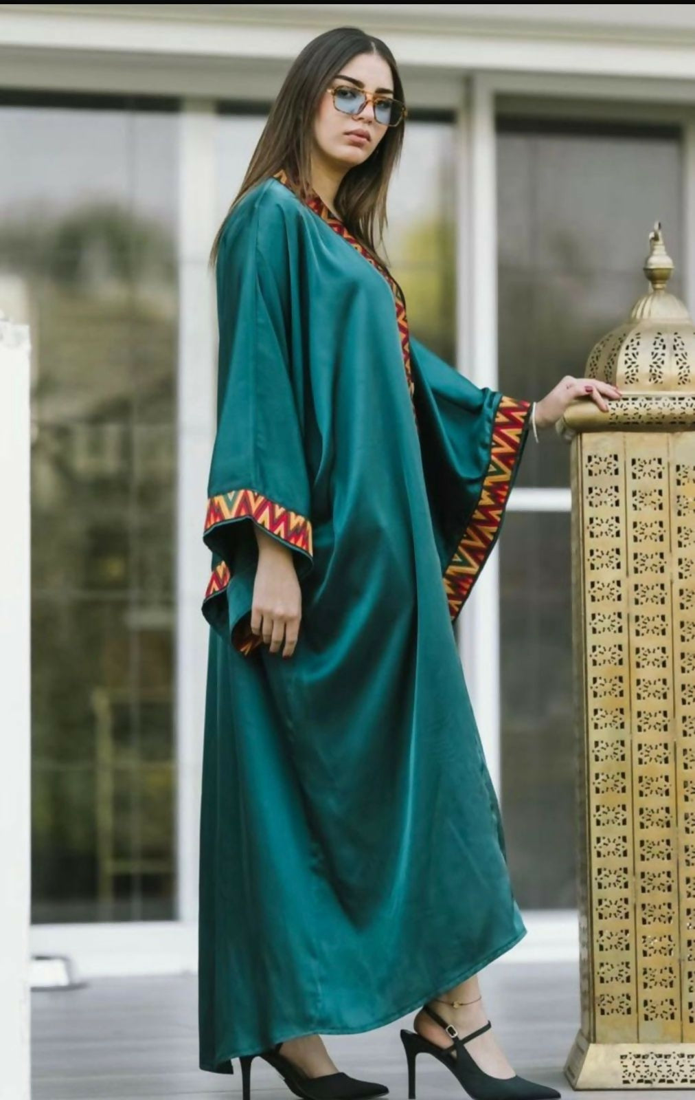 Green Satin kaftan with Colorful Details