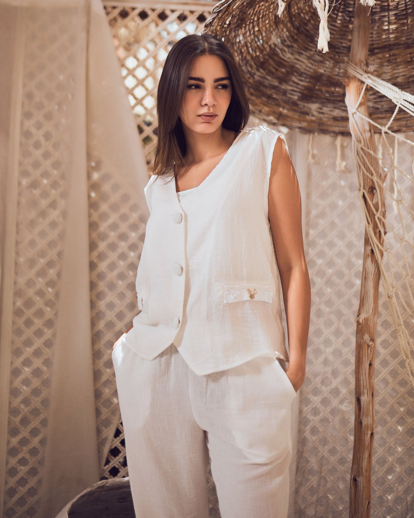 White Linen Vest Set