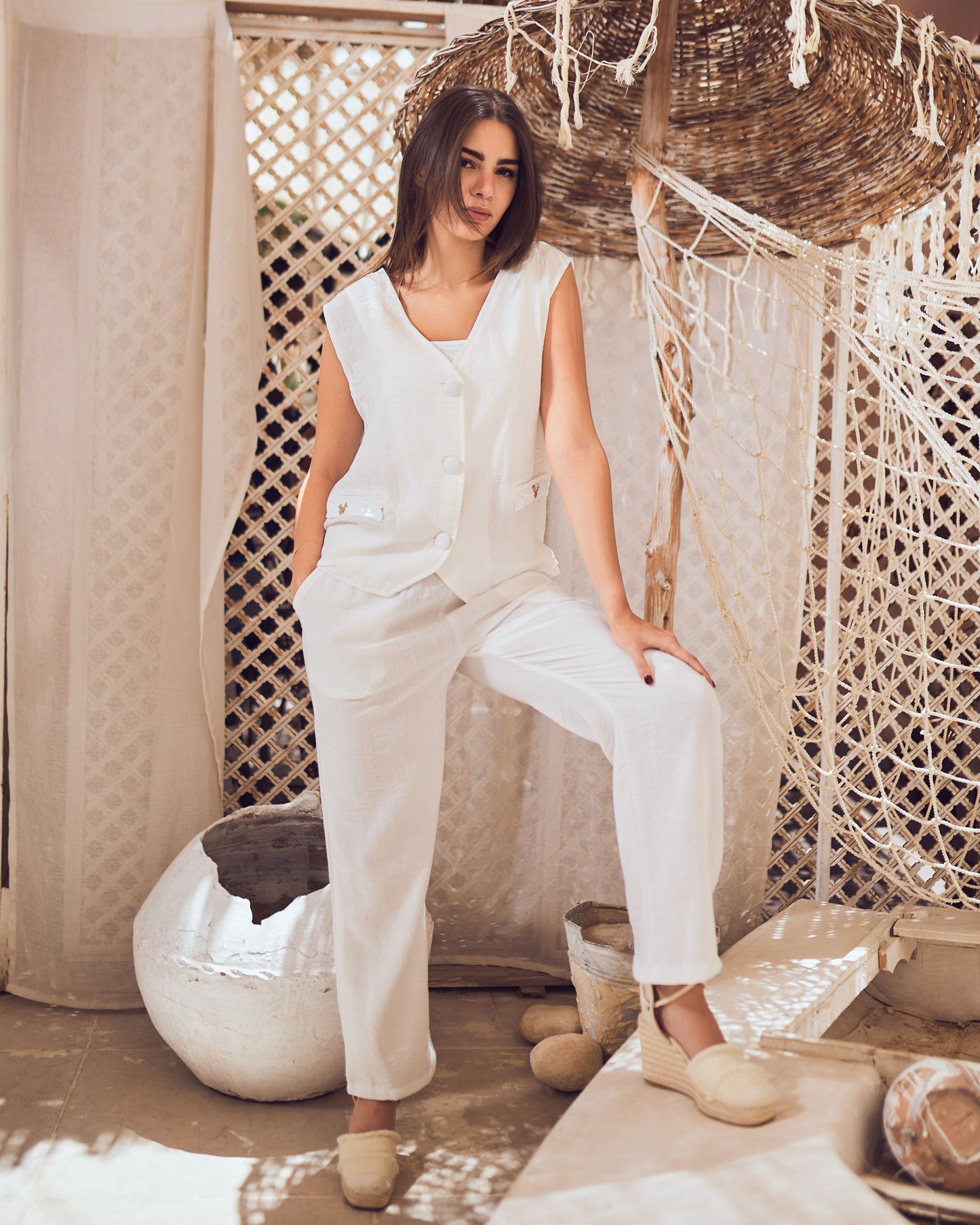 White Linen Vest Set