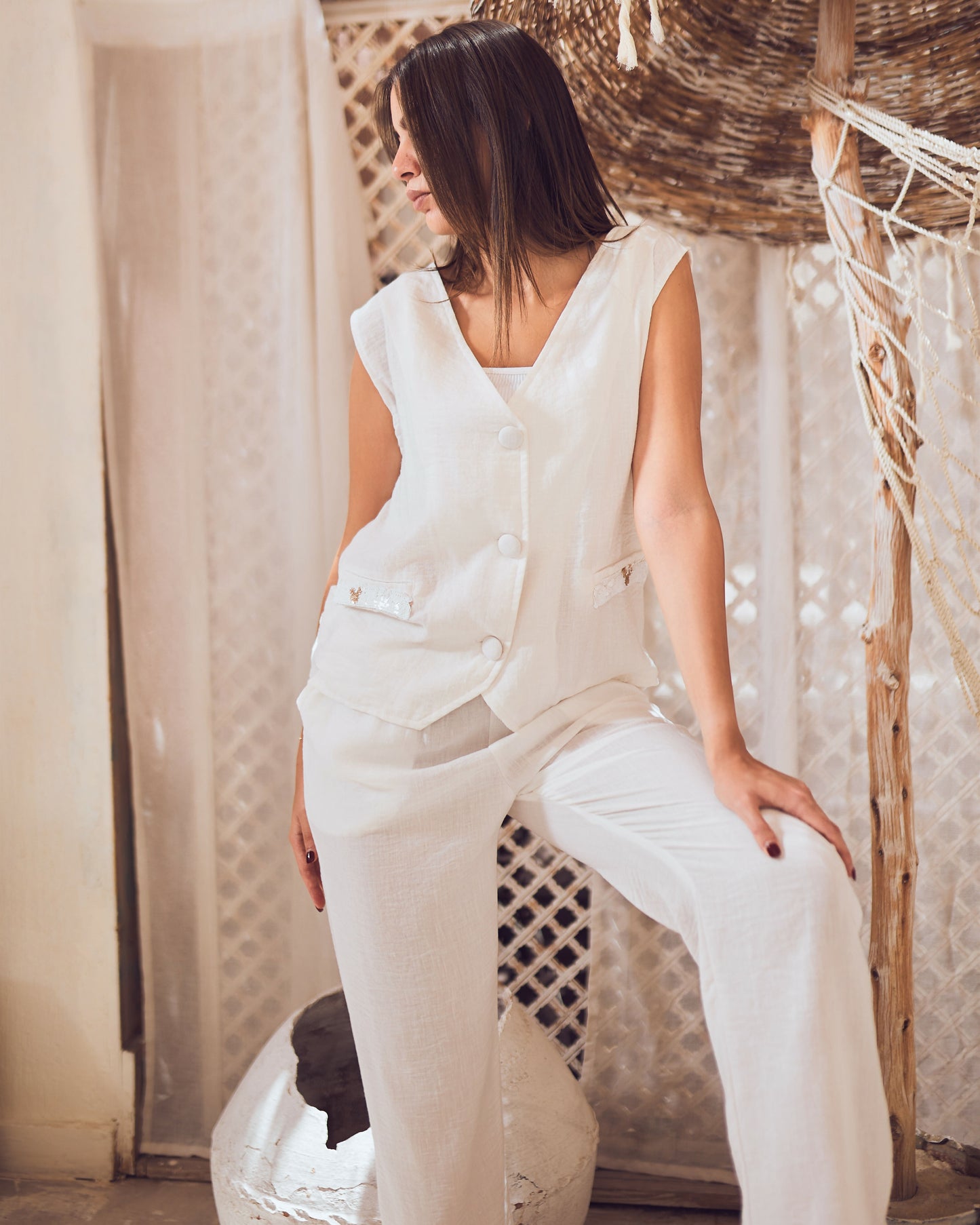 White Linen Vest Set