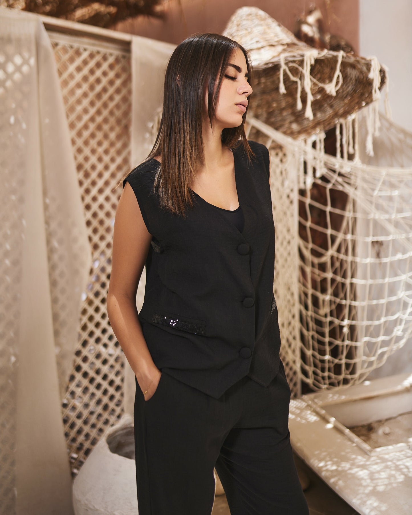 Black Linen Vest Set