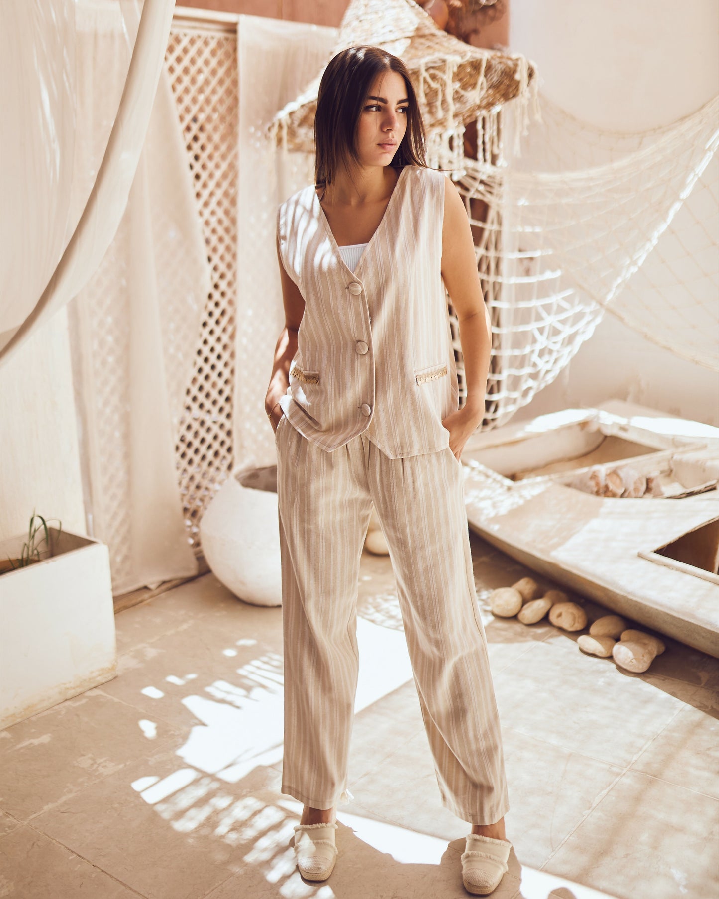 Beige Stripped Linen Set