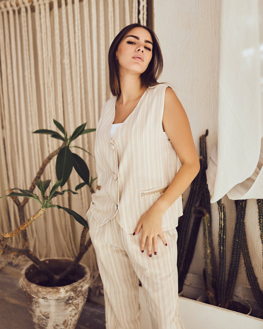 Beige Stripped Linen Set